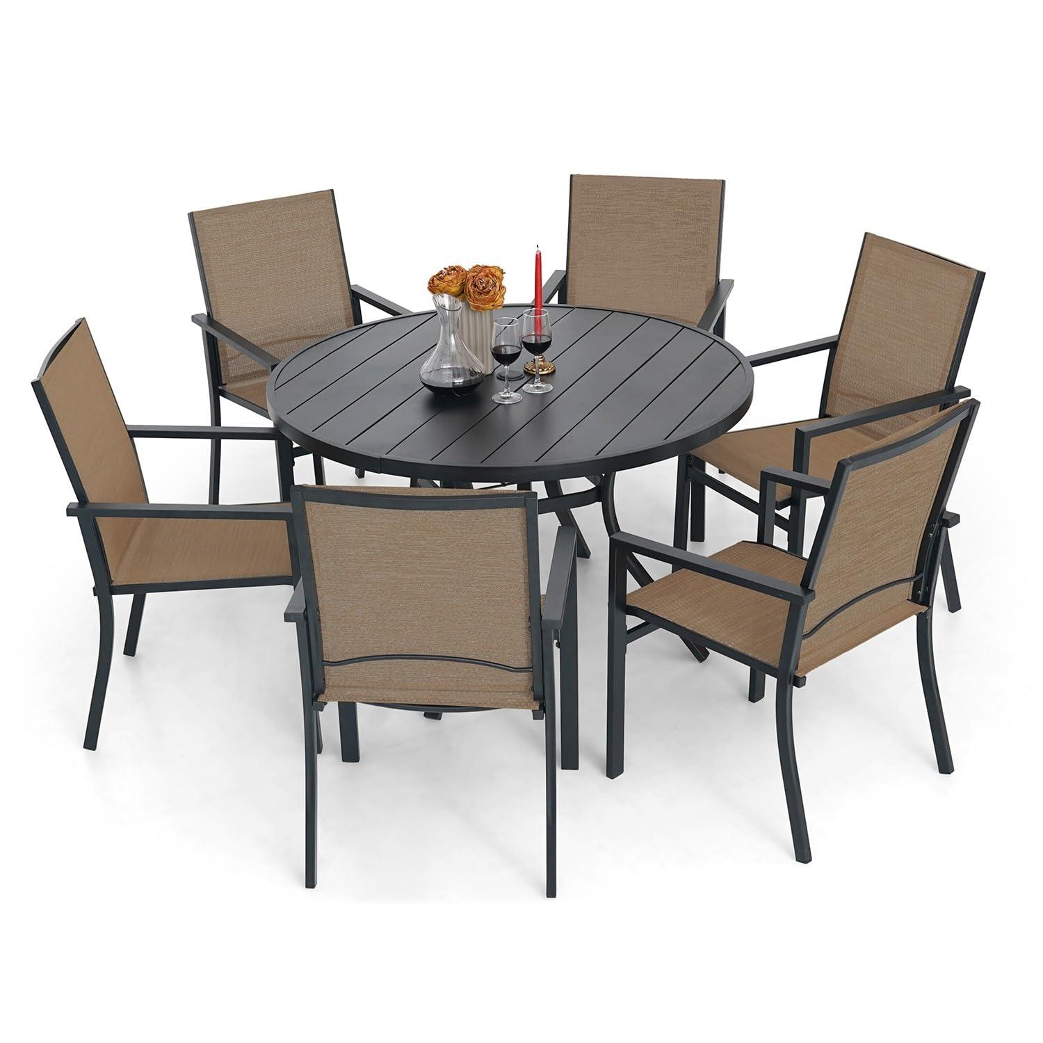 Homall Patio Dining Set 7 Pieces Outdoor Furniture with Large Table and 6 Textilene Chairs for Porch, Brown