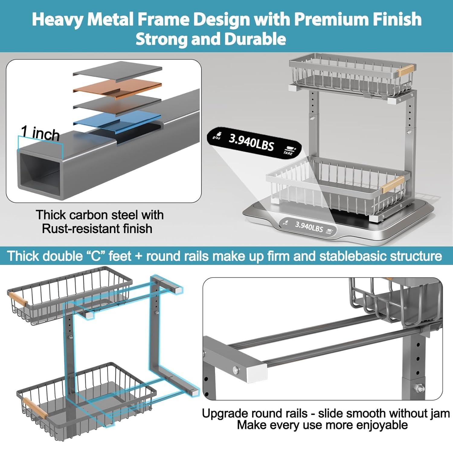 Under Sink Organizer Storage 2 Pack, 2 Tier Slide Out Height Adjustable Pull Out Cabinet Organizer Drawer for Kitchen Bathroom Large Under Sink Shelf Rack Caddy for Pantry, Grey