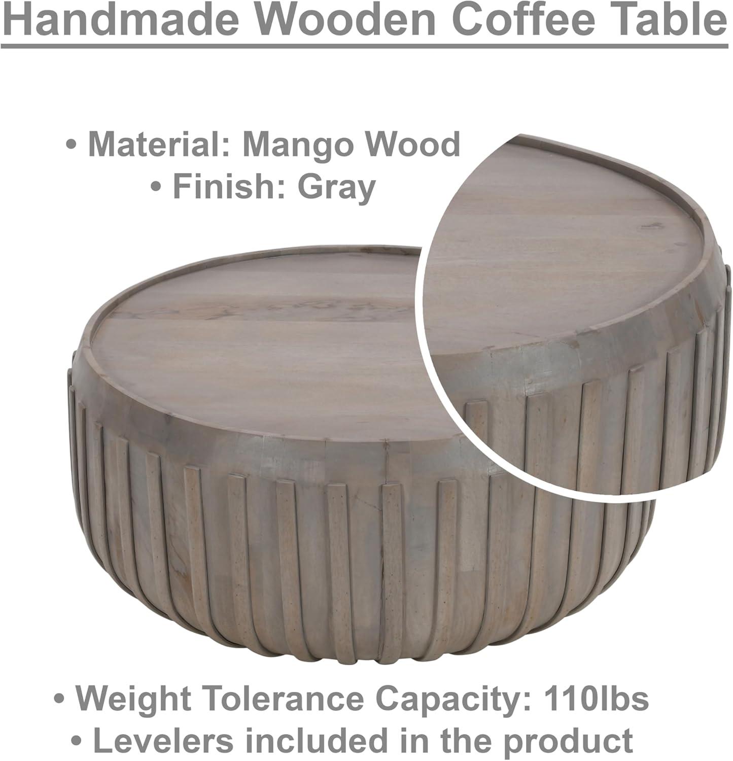 The Urban Port 36" Coffee Table Handcrafted Drum Shape with Ribbed Edges Gray Mango Wood Gray