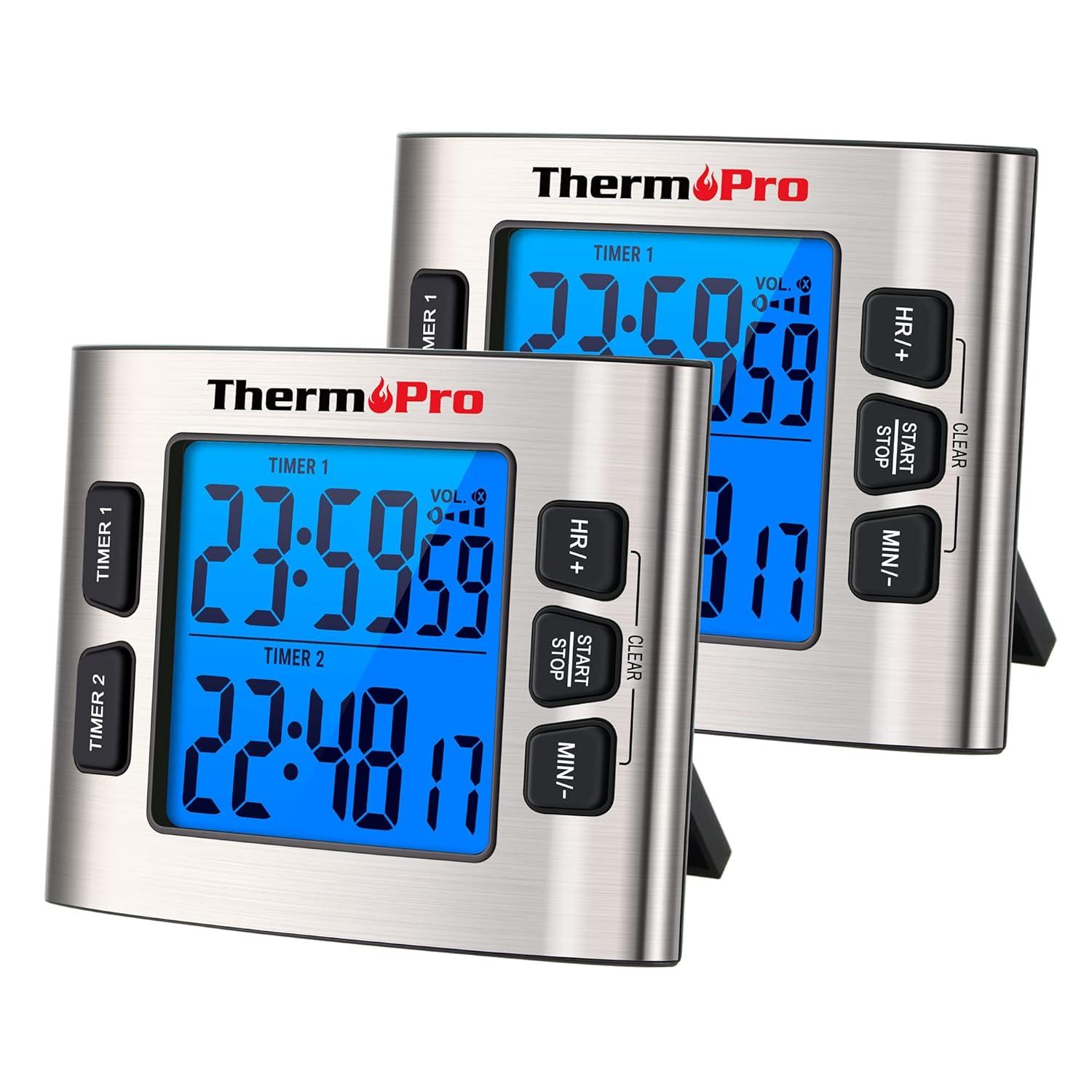 ThermoPro TM02 Digital Kitchen Timer with Dual Countdown Stop Watches Timer, Magnetic Timer Clock with Adjustable Loud Alarm and Backlight LCD Big Digits, 24 Hour Digital Timer for Kids Teachers