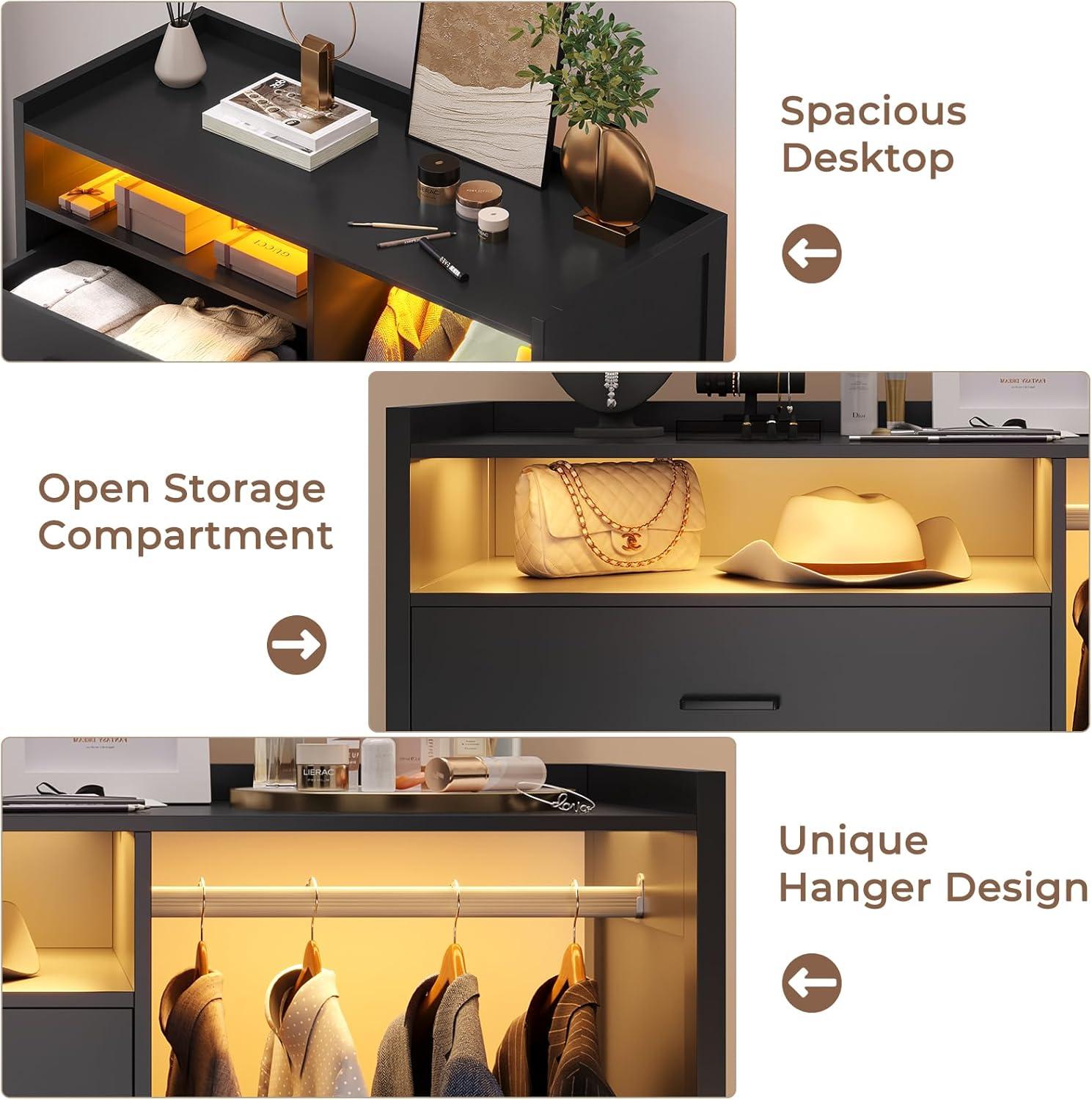 4 Drawer Dresser with Clothing Rack and LED Lights, Modern LED Dresser for Bedroom, Black