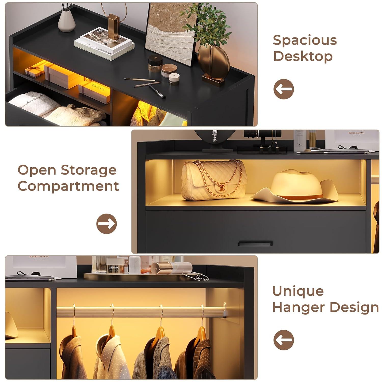 4 Drawer Dresser with Clothing Rack and LED Lights, Modern LED Dresser for Bedroom, Black