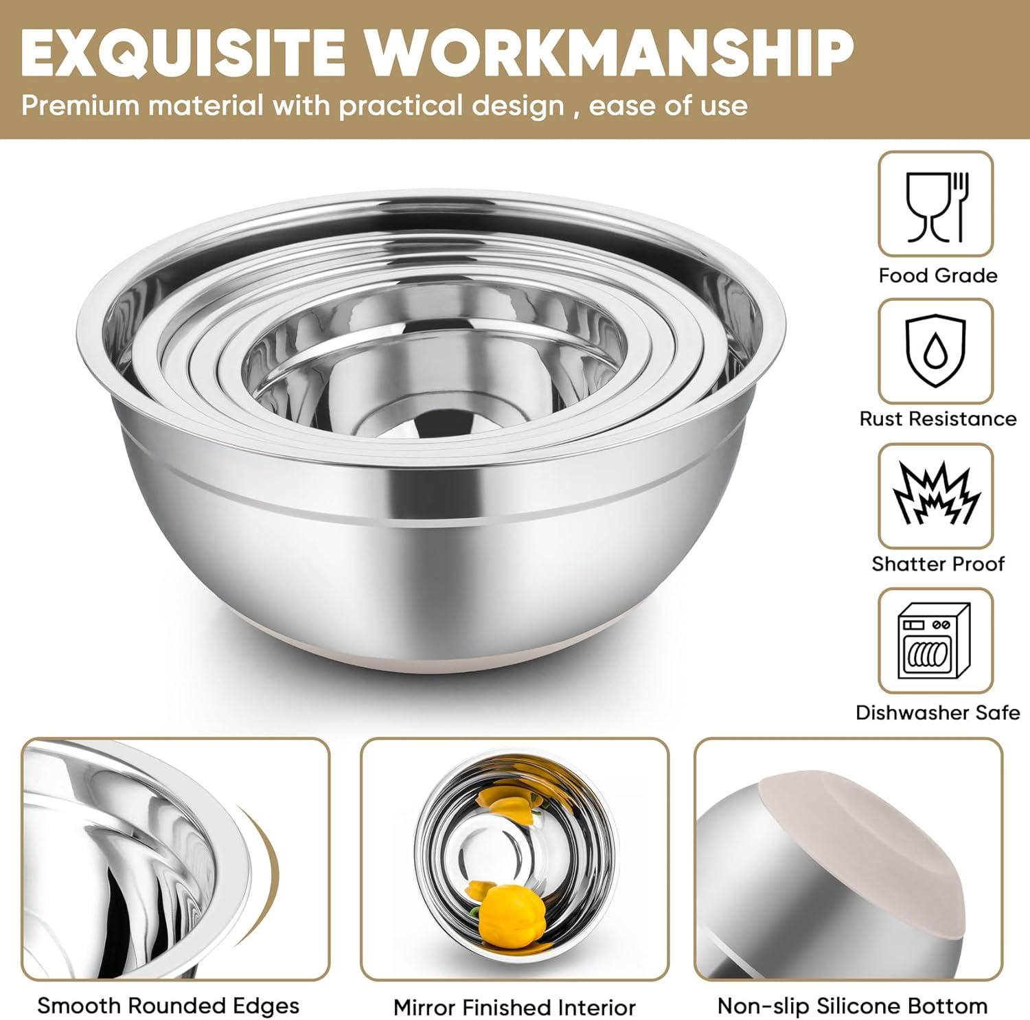 Toledo Bath & Kitchen Stainless Steel Mixing Bowls With Lids, 5-Pack Metal Nesting Bowls With Airtight Covers For Cooking, Baking, Serving, Storage, Non-Toxic & Dishwasher Safe, Size 4.6/3/1.5/1/0.7QT - Khaki