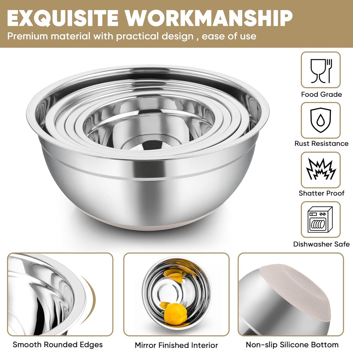 Toledo Bath & Kitchen Stainless Steel Mixing Bowls With Lids, 5-Pack Metal Nesting Bowls With Airtight Covers For Cooking, Baking, Serving, Storage, Non-Toxic & Dishwasher Safe, Size 4.6/3/1.5/1/0.7QT - Khaki