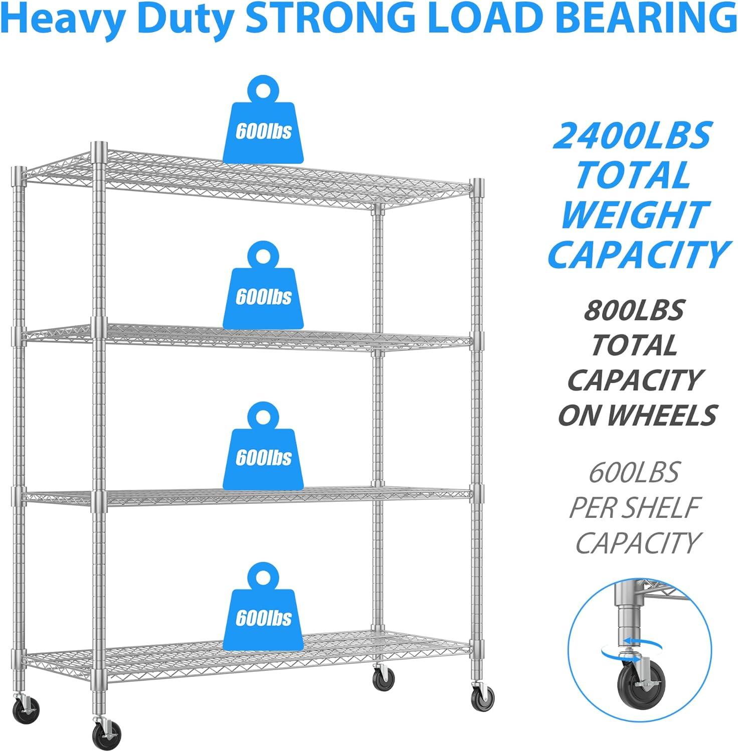 Homdox Heavy Duty Metal Shelves for Storage, 4 Tier Storage Racks and Shelving, Commercial Adjustable Wire Shelving Unit on Wheels, Garage Rack Pantry Shelves Kitchen Shelving, 24"x48"x72", Chrome
