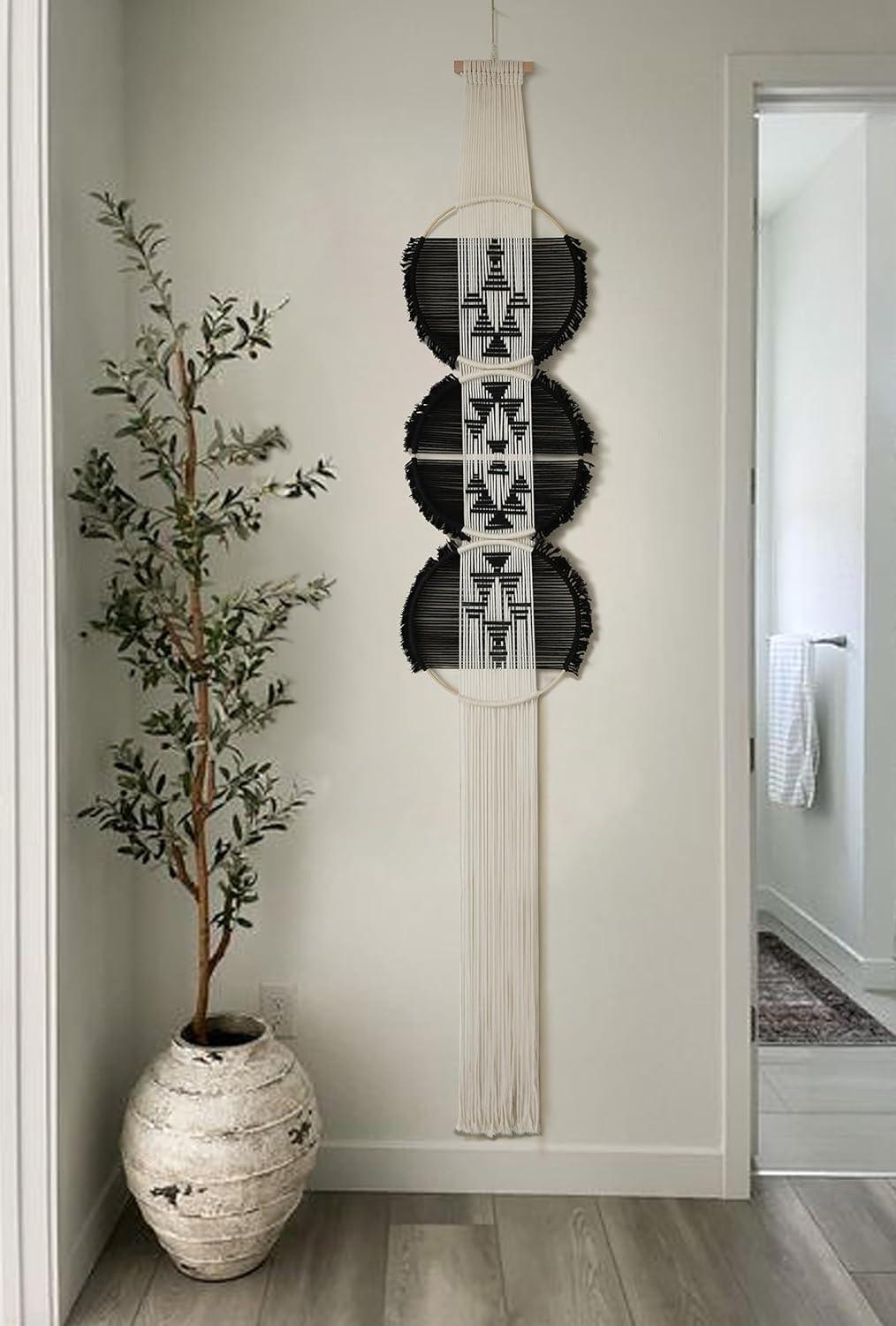 Flber Macrame Wall Hanging black and white Boho Wall Decor Art Living room wall art Round Handmade Geometric Lines Home Décor