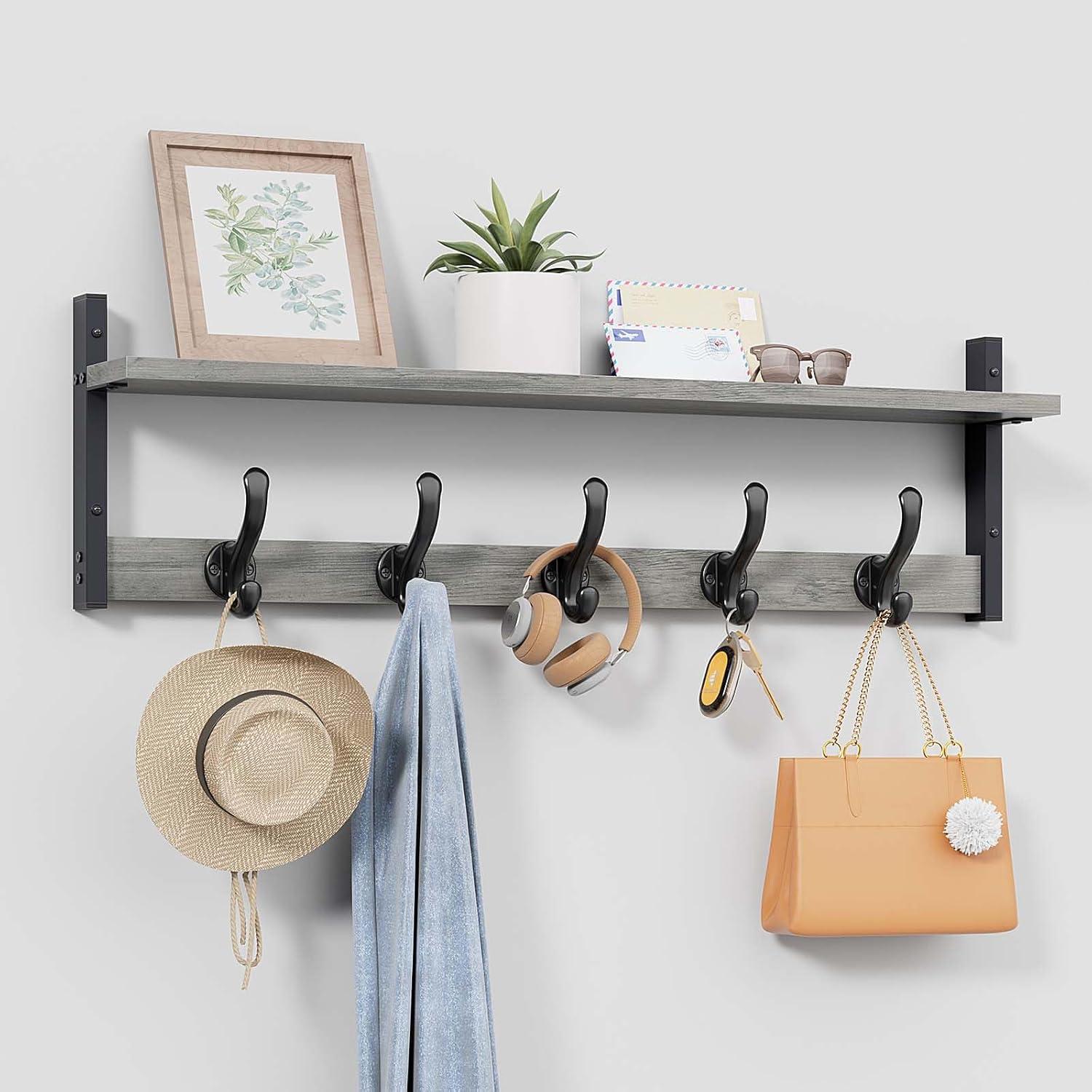 Tatub 29" Rustic Coat Rack Wall Mount with Shelf, Entryway Wall Hooks with Shelf and 5 Metal Hooks, Coat Hangers for Bathroom, Living Room, Bedroom, Kitchen, Grey