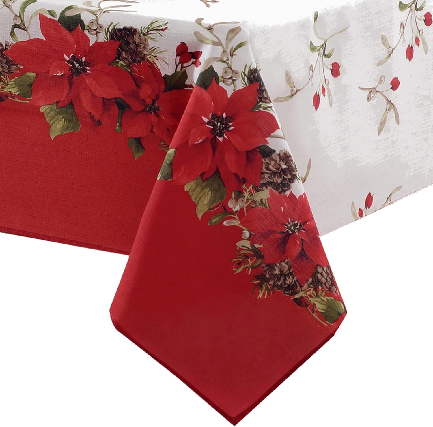 Newbridge Christmas Blooming Poinsettia’s Double Bordered 52 x 52 inch Square Fabric Tablecloth, Holiday Red and White Poinsettia Dining Table Cover