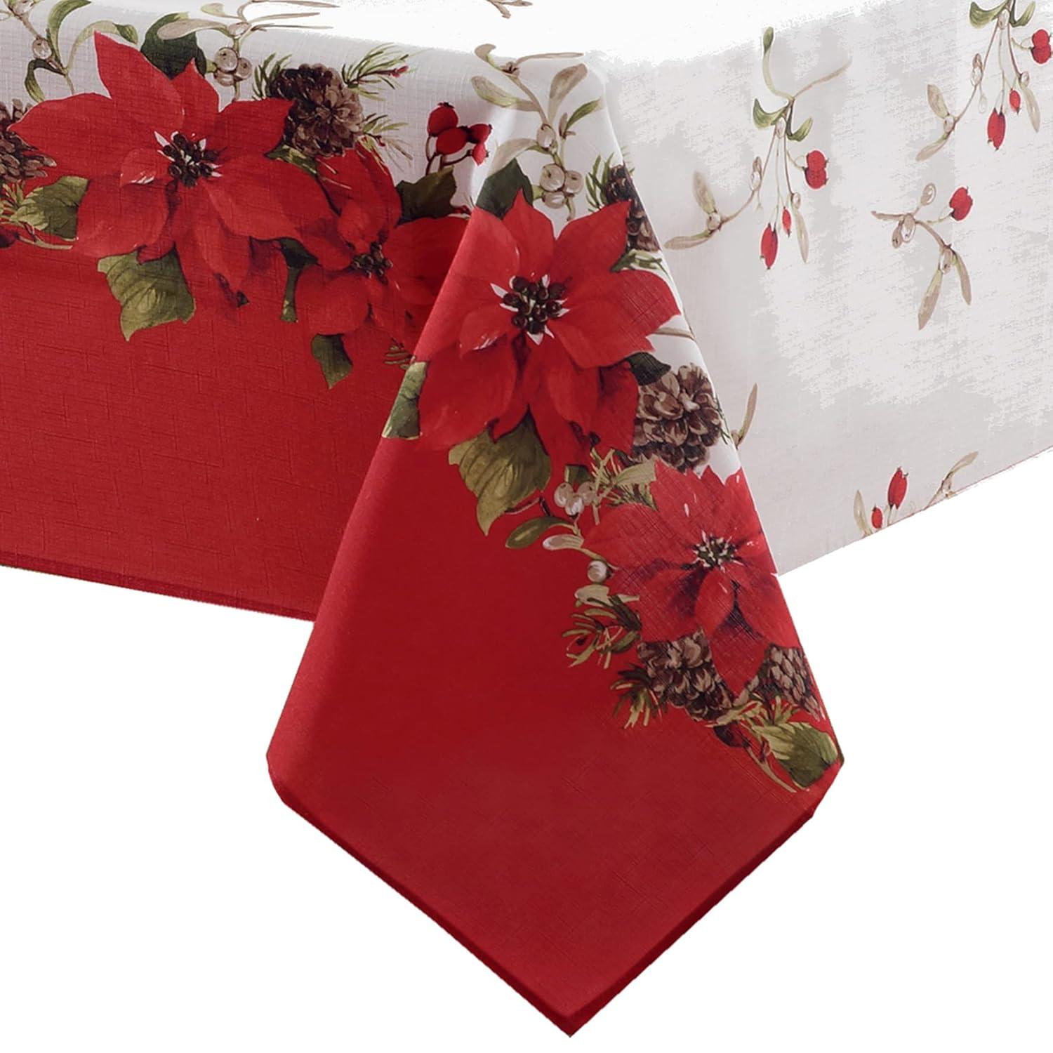 Newbridge Christmas Blooming Poinsettia’s Double Bordered 52 x 52 inch Square Fabric Tablecloth, Holiday Red and White Poinsettia Dining Table Cover