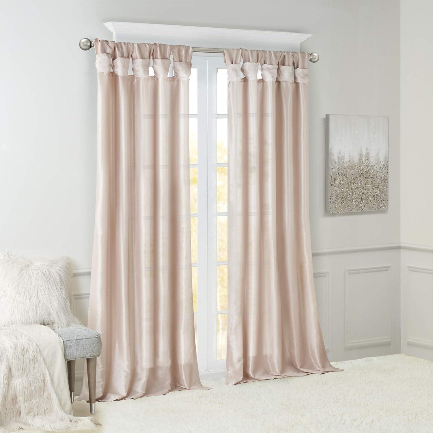 Madison Park Solid Pattern Faux Silk Twist Tab Top Curtain Panel, 50'' x 84'', Blush