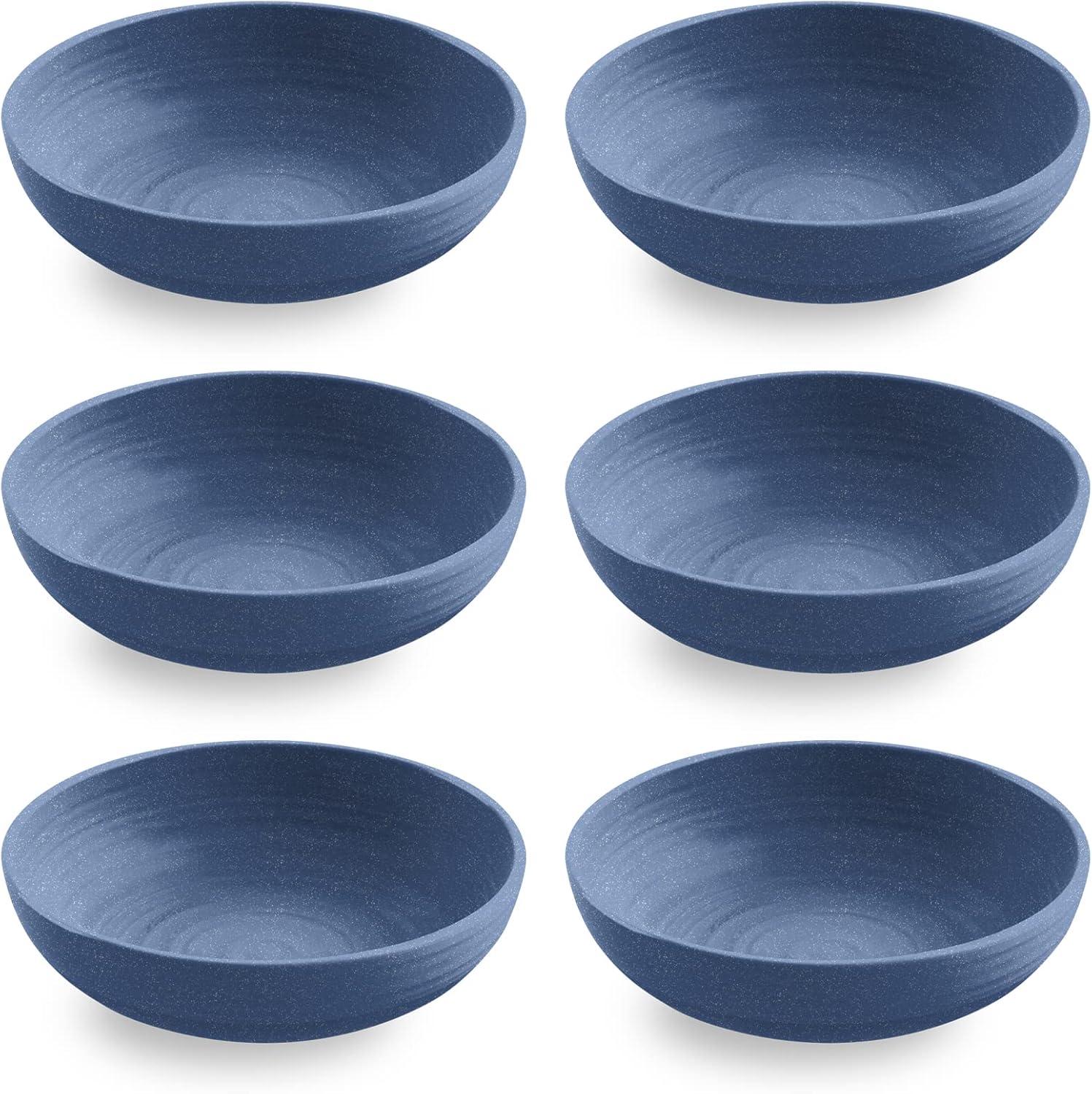 TarHong Planta Artisan Solids Low Bowl, Planta (Majority Plant Based with Melamine Binder), Shatterproof, Indoor/Outdoor Entertaining, Matte Blue, Set of 6