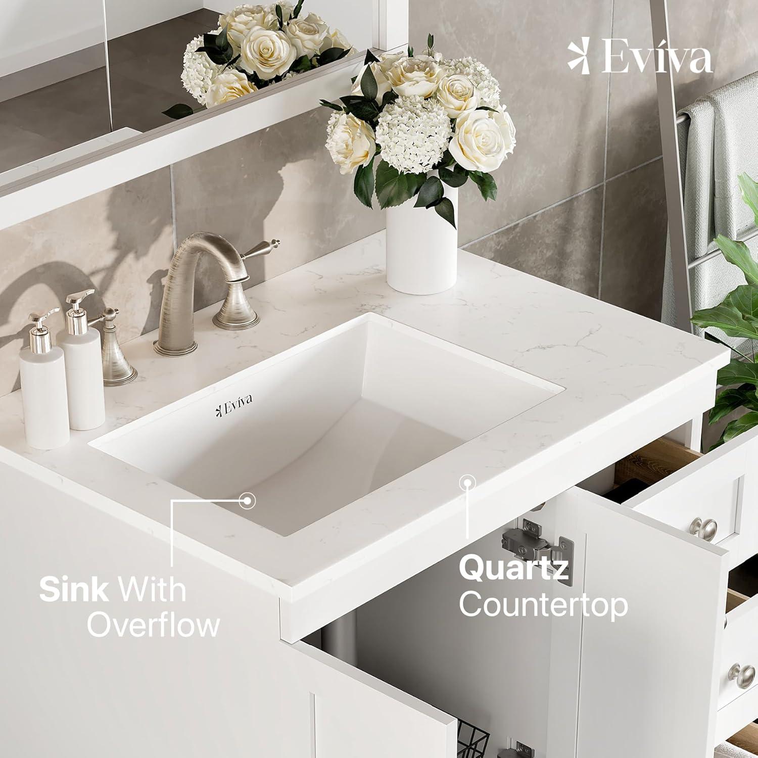 Eviva Happy 28"W x 18"D White Bathroom Vanity with White Carrara Quartz Vanity Top and Rectangular Undermount Sink