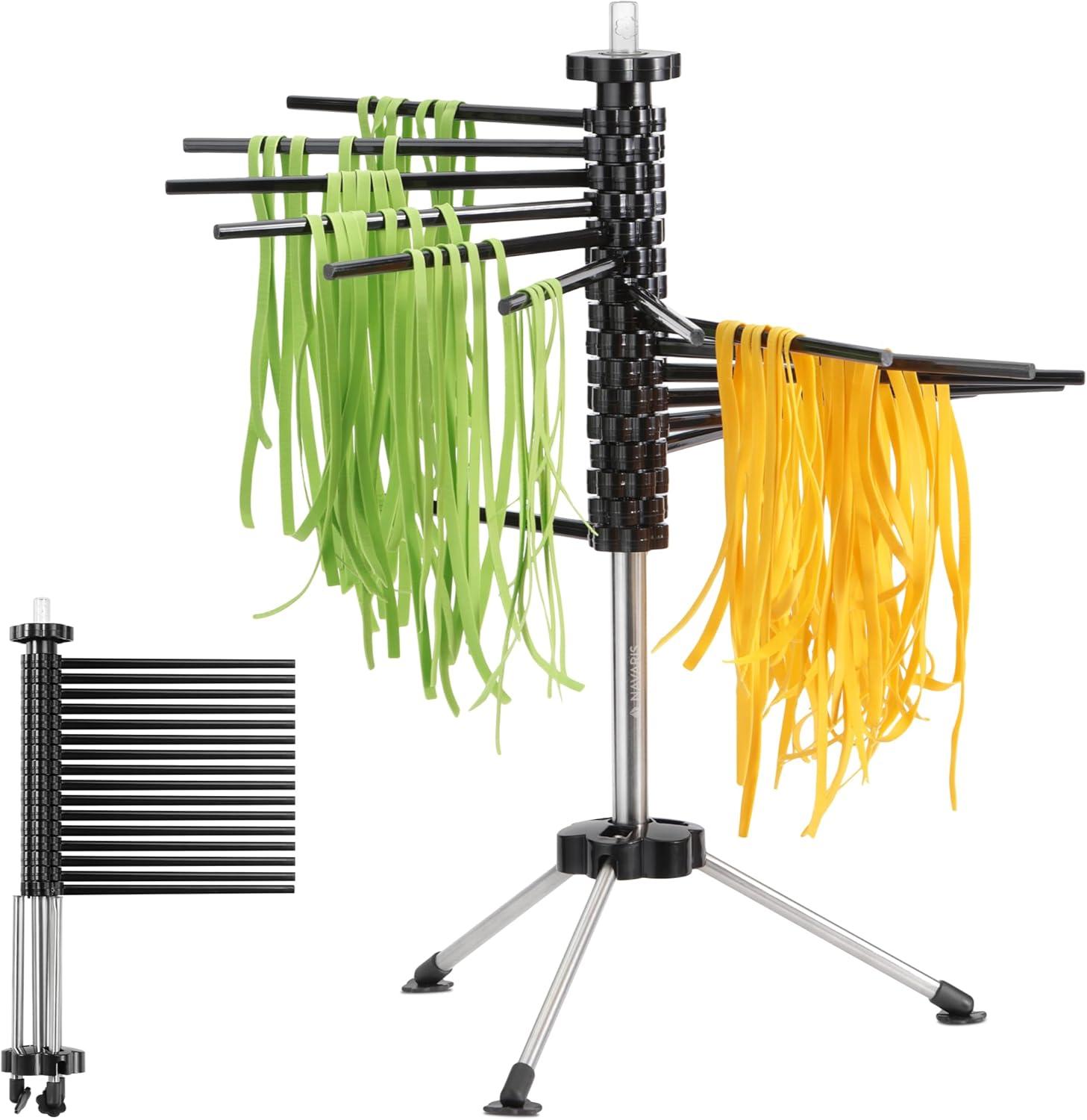 Navaris Collapsible Pasta Drying Rack - Tall Compact Spaghetti Noodle Stand with 16 Plastic Rods - Fresh Pasta Making Accessories - up to 2 kg (4.5 lbs) - Black