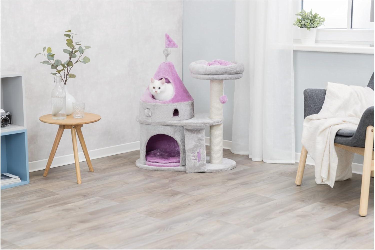 TRIXIE My Kitty Darling Castle Condo, Plush Cat Tree, Sisal Scratching Post, Removable Bed, Crinkling Blanket, Cat Toy