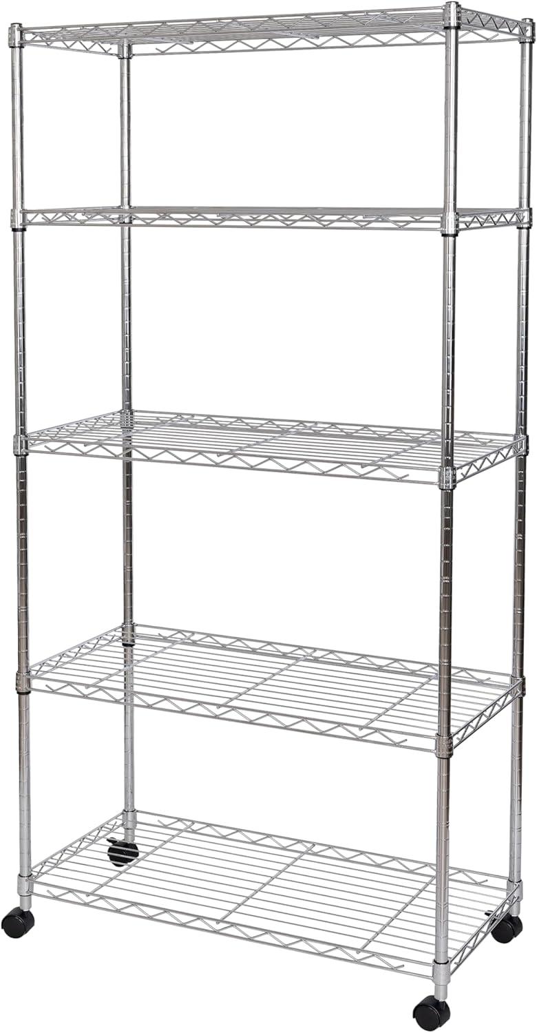 Seville Classics 5-Tier Steel Wire Shelving with Wheels, 30" W x 14" D x 60" H, Chrome Plated