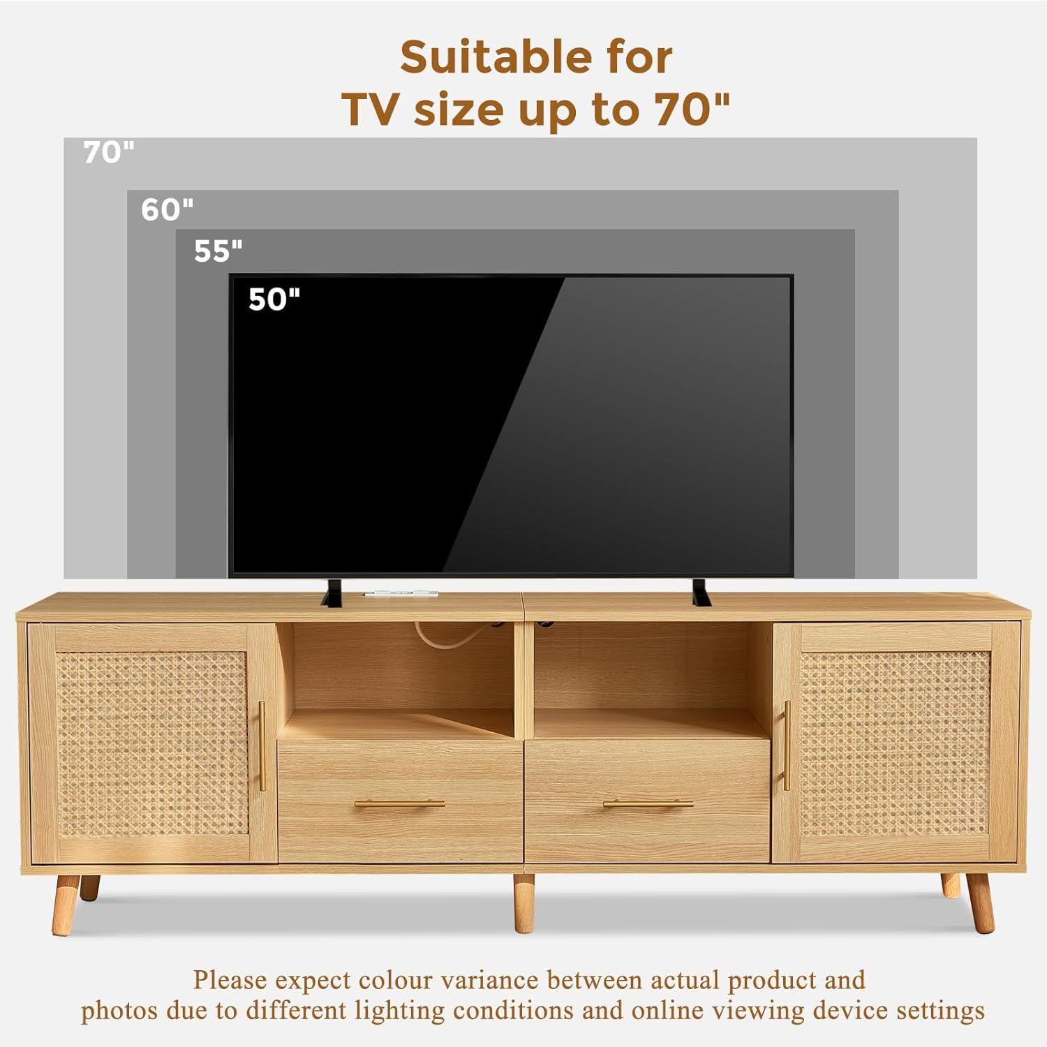 Bay Isle Home™ Heyer Large Wood Rattan TV Stand for TVs up to 75" with LED Light and Charging Station, Coastal Media Console Table, Multimedia Storage Furniture with 2 Drawers, Lighting TV Cabinet  & Reviews | Wayfair