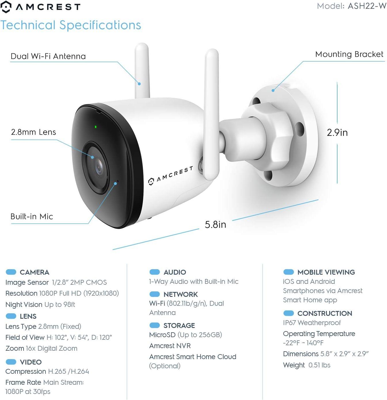 Amcrest 1080P WiFi Camera Outdoor, Smart Home 2MP Bullet IP Security Camera Outdoor Wireless, 98ft Nightvision, Built-in Mic, 102° FOV, 256GB MicroSD Storage (Sold Separately), ASH22-W (Wired Power)