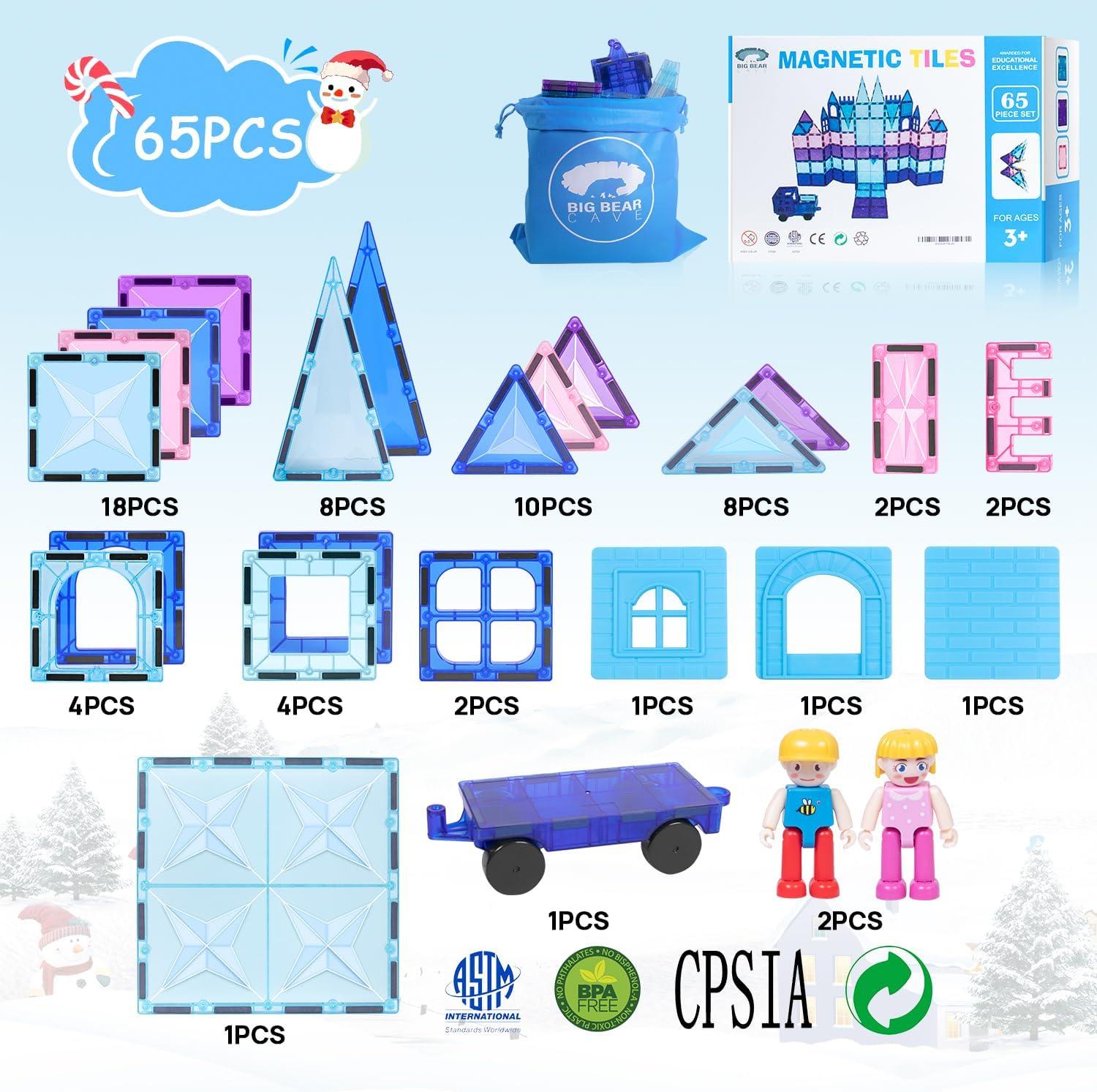 65pcs Frozen Castle Magnet Tiles Building Blocks - 3D STEM Educational Magnetic Tiles Building Blocks Toddler Boy Girls Toys Age 4-5 6-8+ for Pretend Play and Birthday