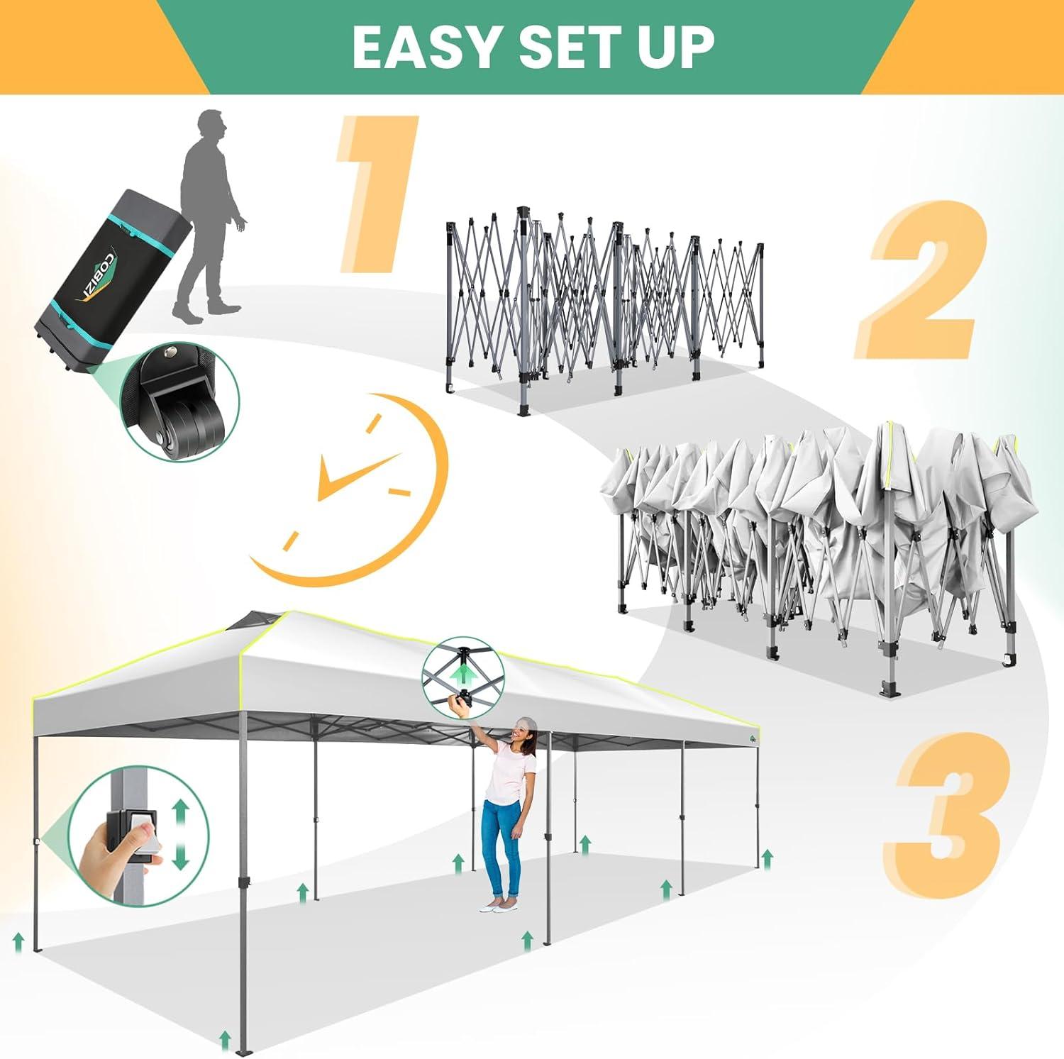 10'Wx30'D Pop Up Canopy, One Push Setup Glow Party Tent