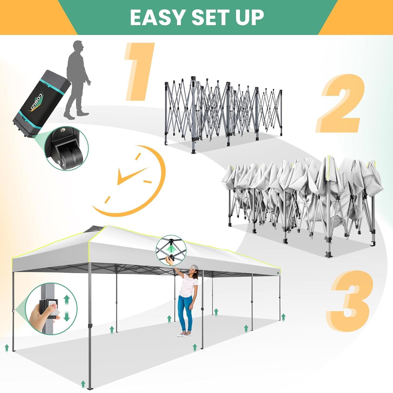 TOOLUCK 10'Wx30'D Pop Up Canopy, One Push Setup Glow Party Tent