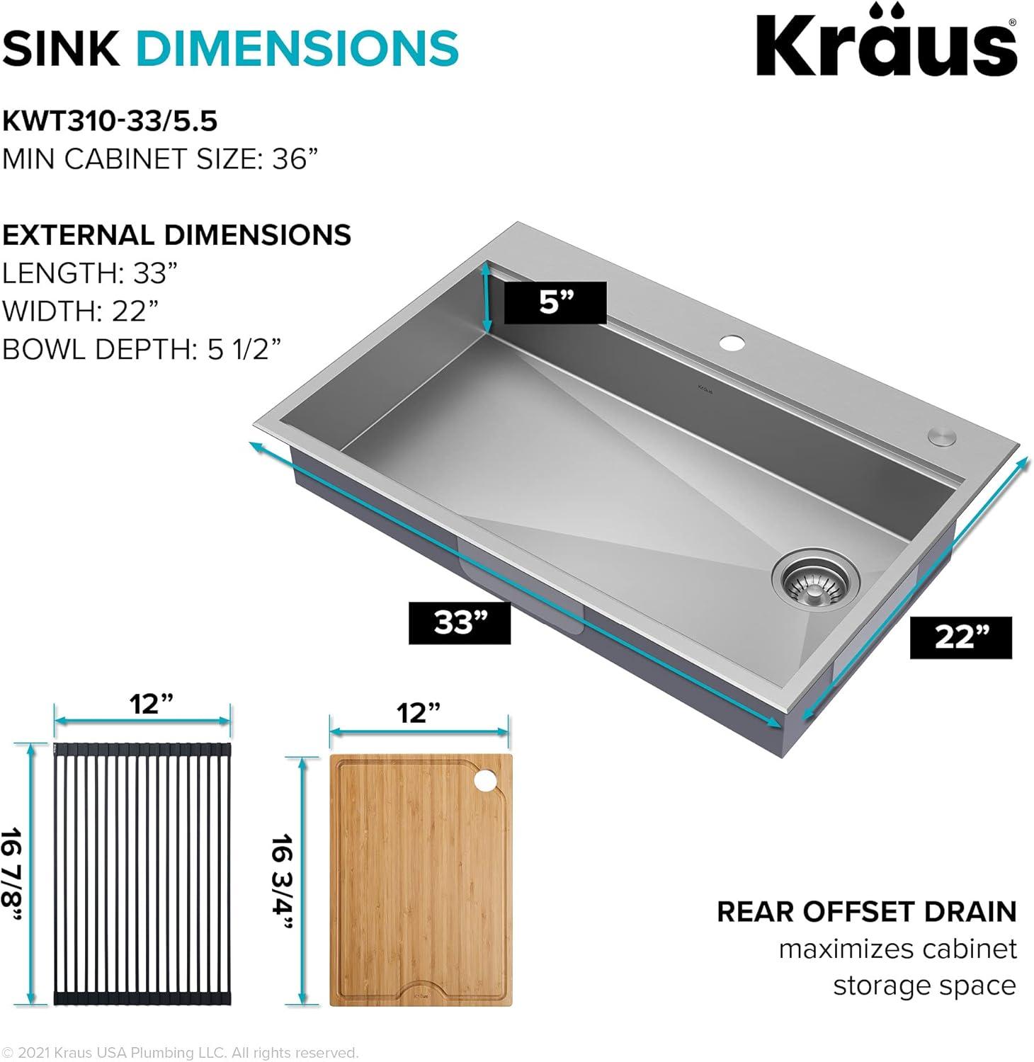 Kraus KWT310-33/5.5 Kore™ ADA Workstation 33" L Drop-In Top Mount 16 Gauge Stainless Steel Single Bowl Kitchen Sink with Accessories