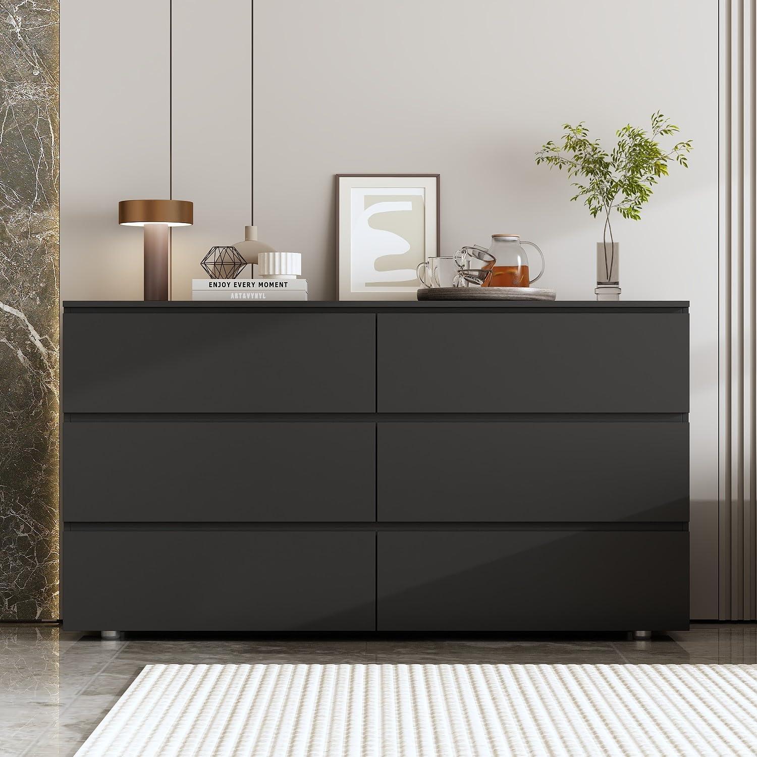 FAMAPY Chest of Drawers Dresser No Handles, 6 Drawer Dresser with Wide Storage, Modern Contemporary 6-Drawer Chest, for Bedroom Black (59”W x 15.7”D x 32.3”H)