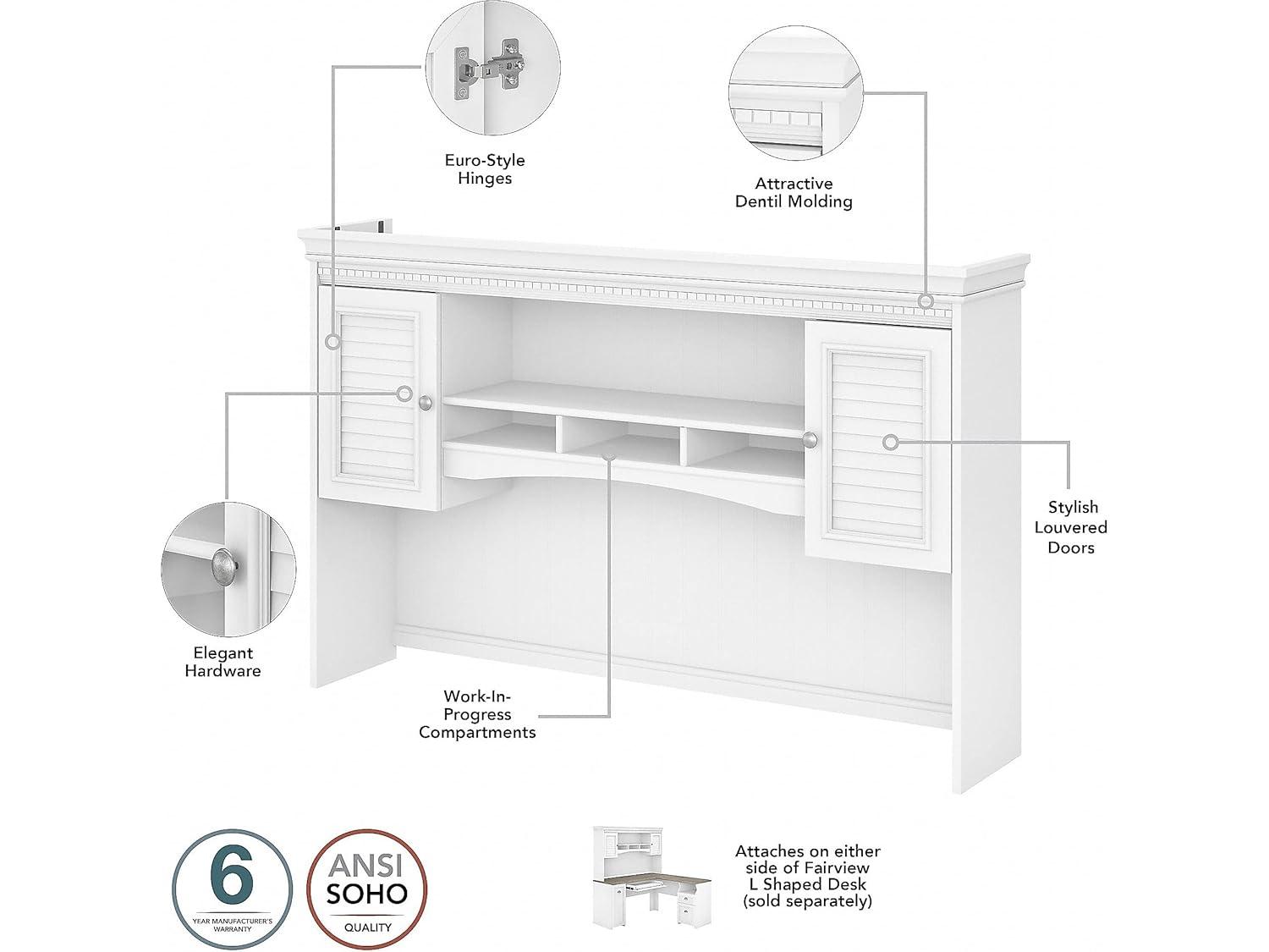 Bush Furniture Fairview 60" W L Shaped Desk with Hutch, White/Gray