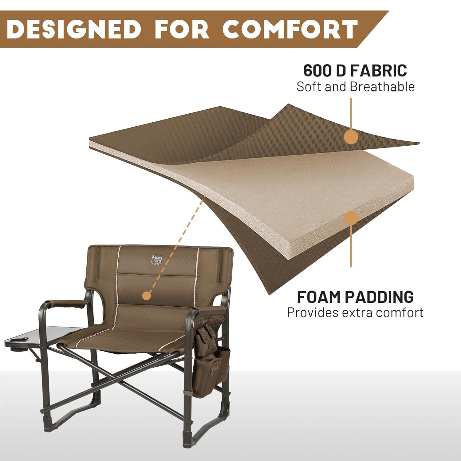 Timber Ridge XXL Upgraded Oversized Directors Chairs with Foldable Side Table, Detachable Side Pocket, Heavy Duty Folding Camping Chair up to 600 Lbs Weight Capacity (Brown) Ideal Gift