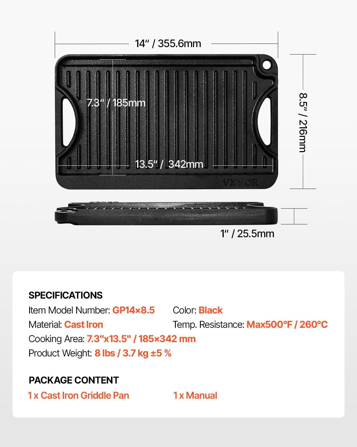 VEVOR Reversible Grill/Griddle, 14x8.5 inch Pre-Seasoned Cast Iron Griddle, Portable Rectangular Pan with Handle, Family Cookware for Indoor/Outdoor Stove Top Burner, Gas, Camping BBQ, Black