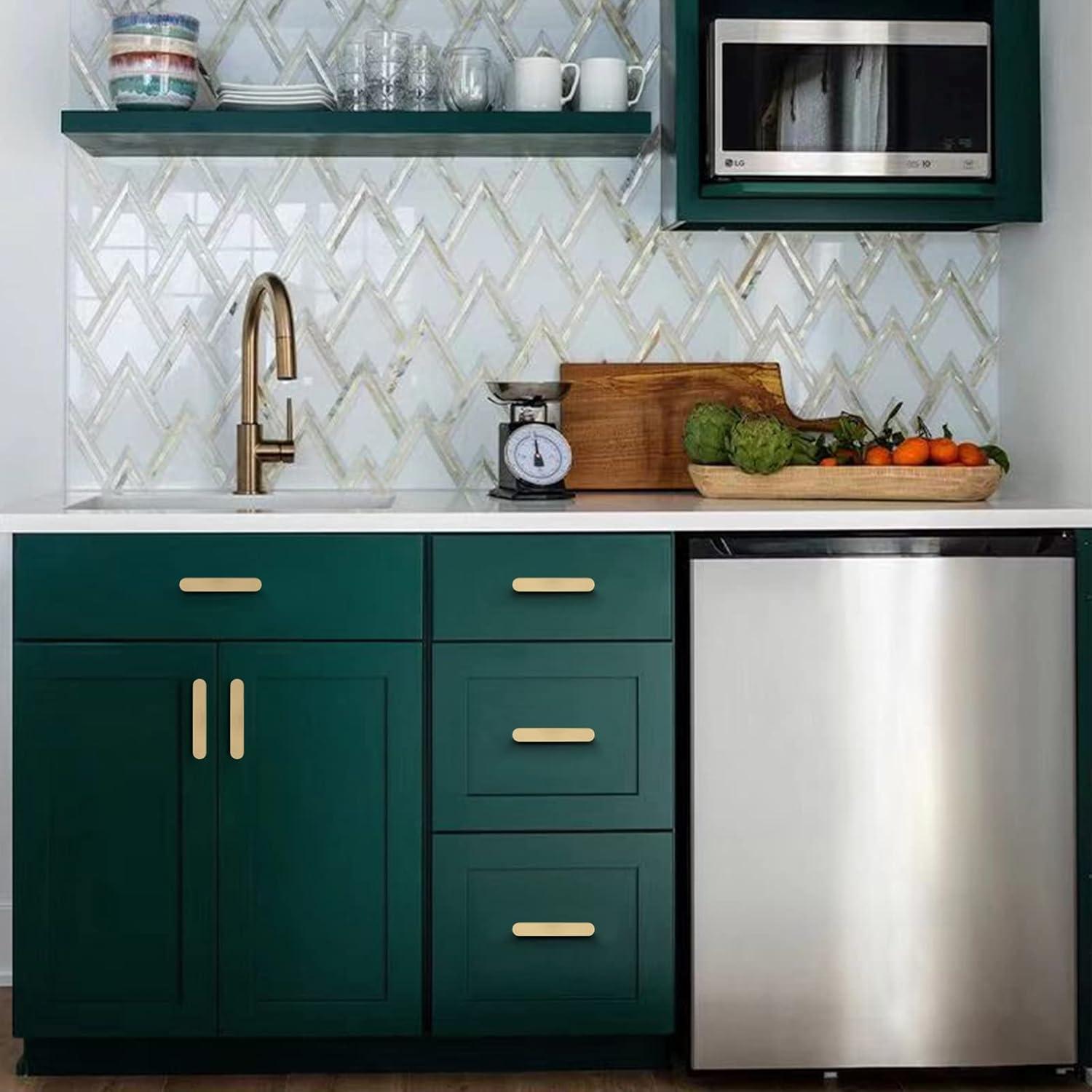 2 Pack Brushed Brass Cabinet Handles, 3-3/4" Hole Centers Drawer Pulls Solid Zinc Alloy Cabinet Pulls Furniture Kitchen Cupboard Hardware