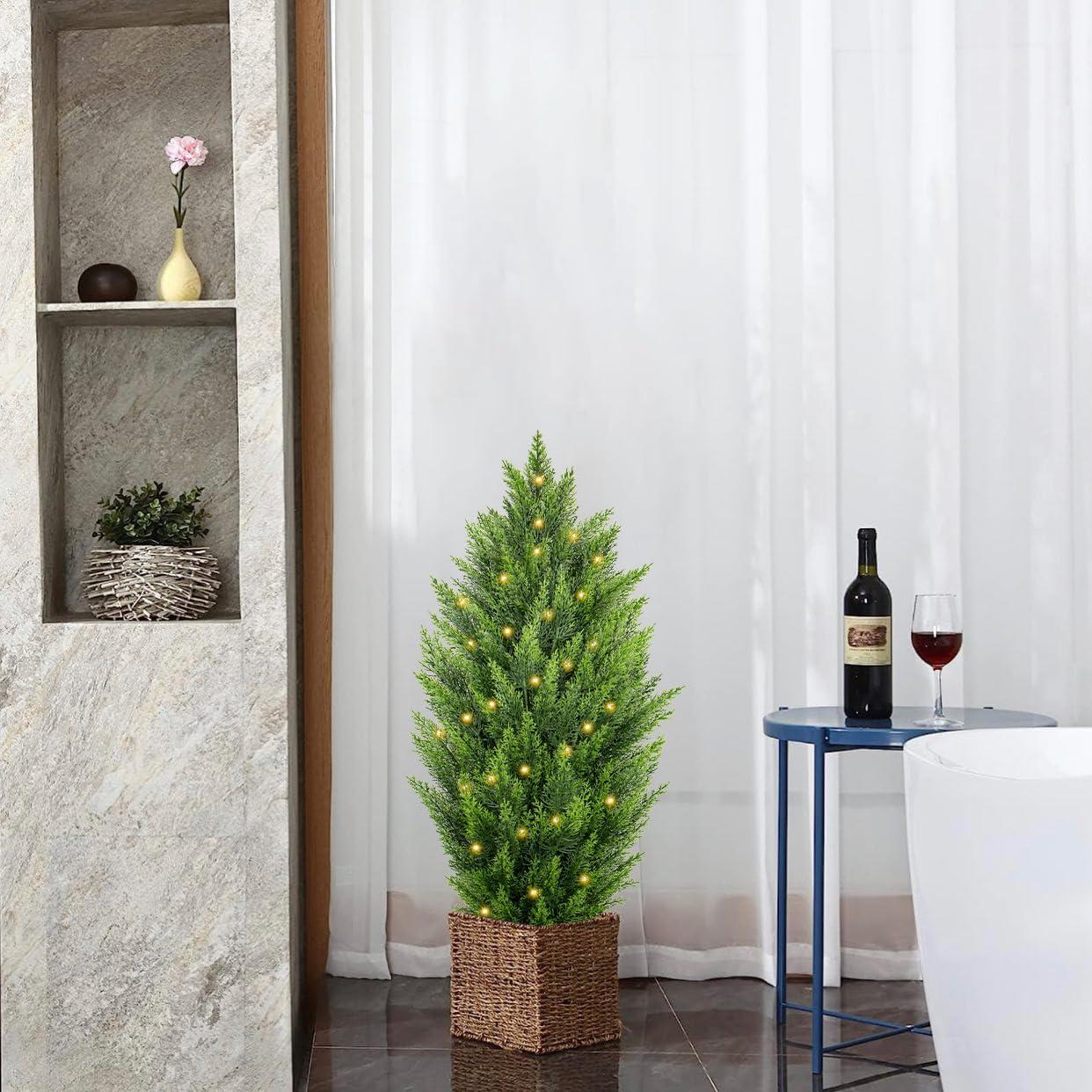 2 Pack 3ft Artificial Cedar Topiary Trees for Outdoors, Fake Cypress Plants with Solar Light String, Faux uv resistant Plants for Home Front Porch Decor, Housewarming Gift