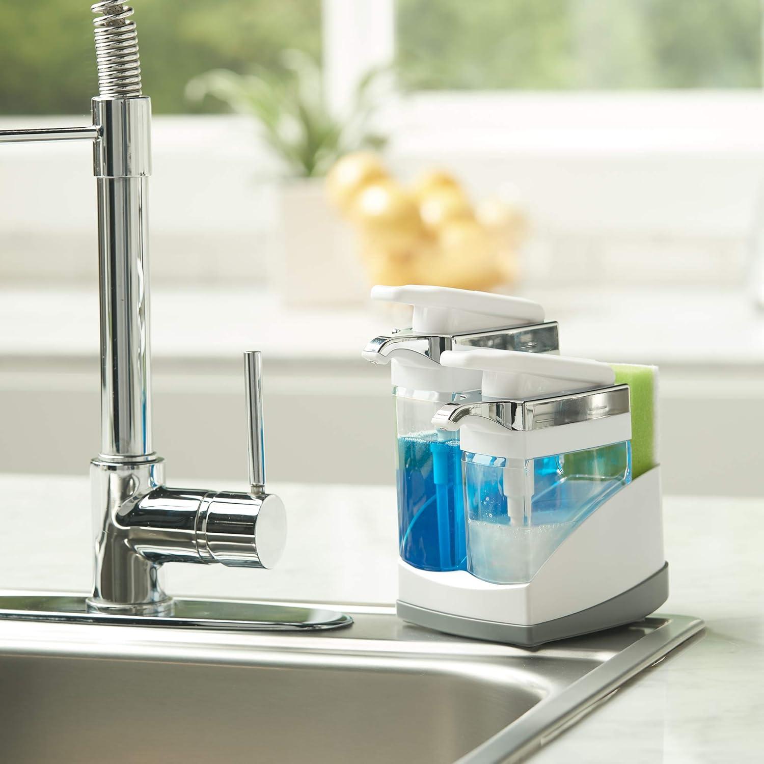 Casabella Sink Sider Duo Soap Dispensers with Sponge, for Dish & Hand Soap, Chrome Plating, White