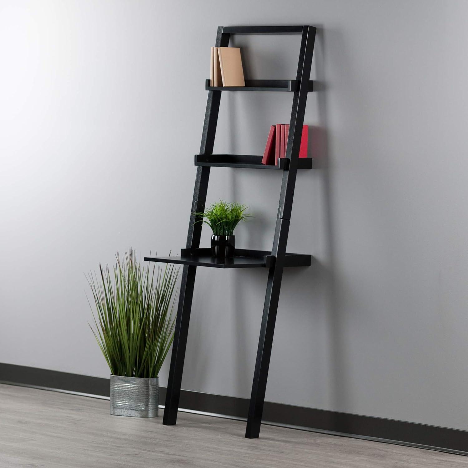 69.36" Bellamy Leaning Desk with 2 Shelves Black - Winsome: Traditional Style, Spot Clean, No Storage