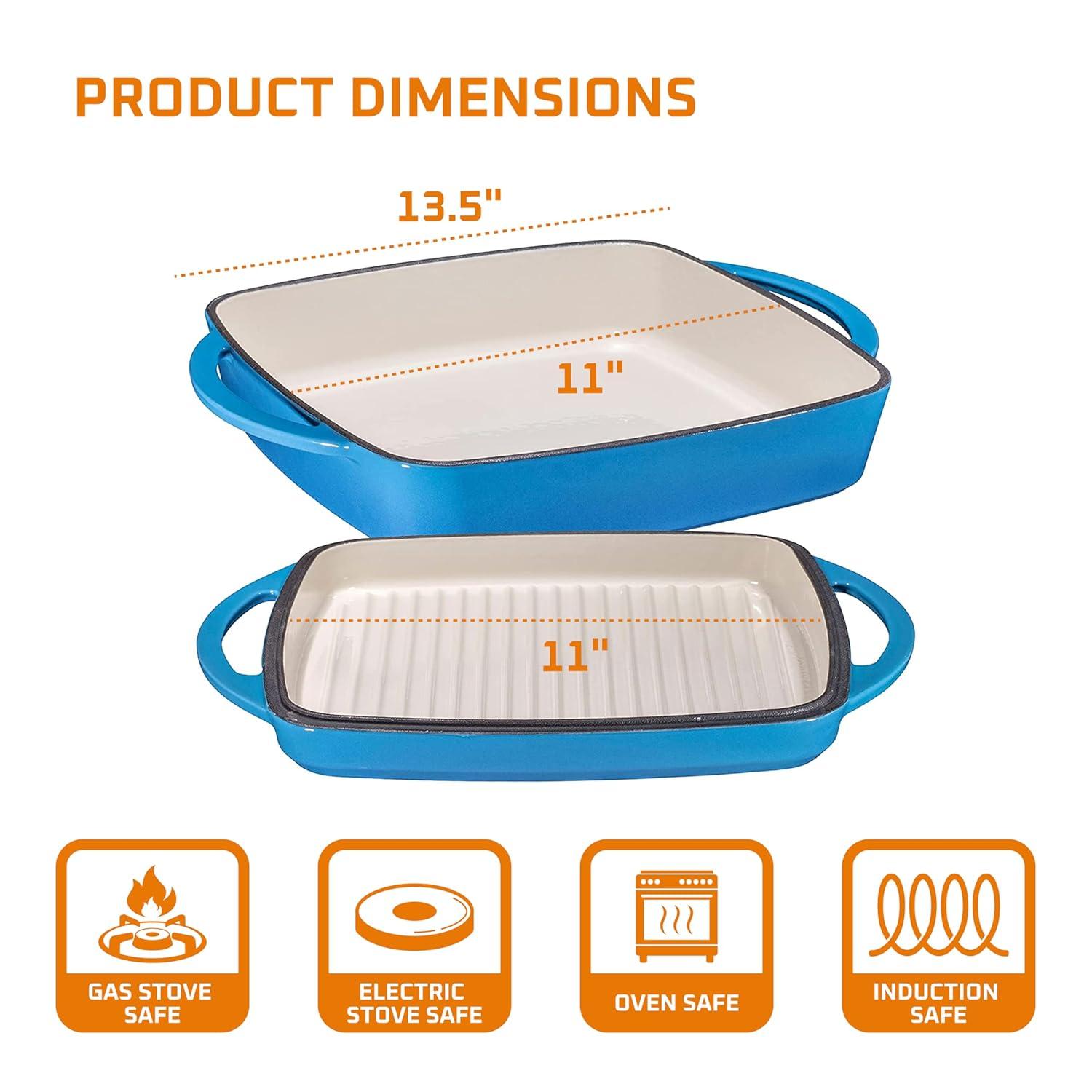 Bruntmor 2-in-1 Pre-seasoned Square Cast Iron Dutch Oven With Dual Handles, Blue