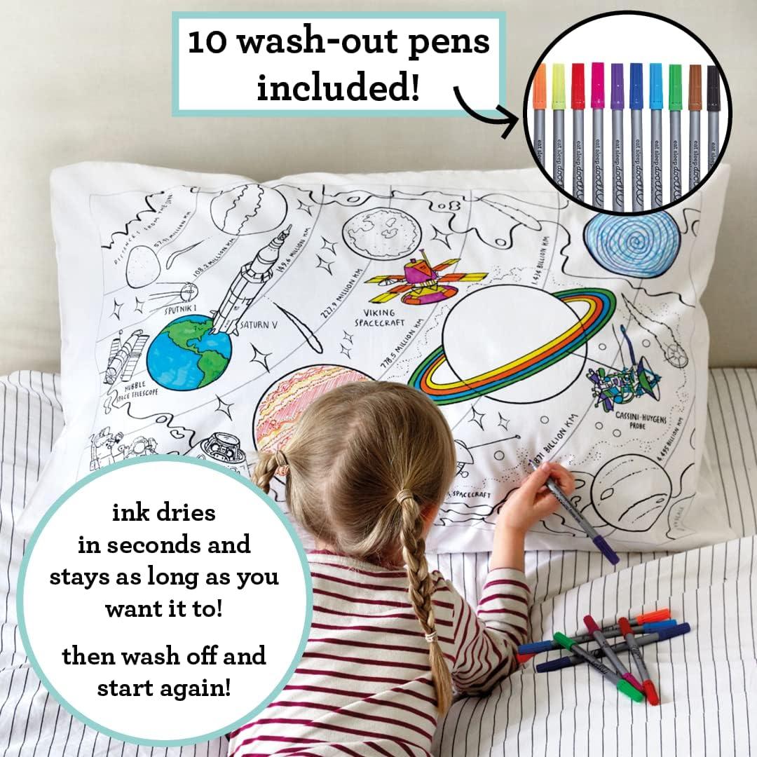 eatsleepdoodle Coloring Cotton Pillowcase with washable markers - Space Explorer Color in Activity Craft Kit Age 3+