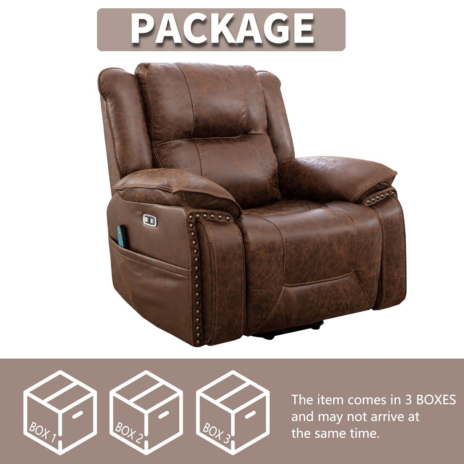 CANMOV Power Recliner Chair Electric Home Theater Seating Soft Leather Movie Chair for Living Room Overstuffed Single Reclining Sofa with Hidden Arm Storage, Cup Holders and USB Ports