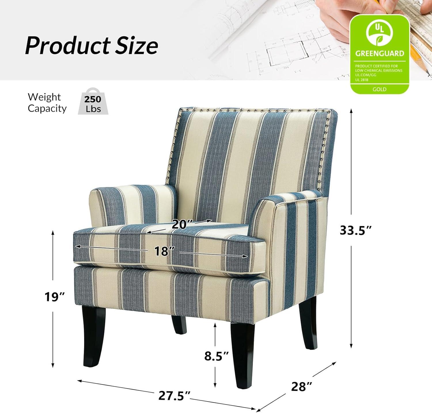 Upholstery Accent Chair Armchair Sofa Couch Lounge Seat Wood Black Legs Nailhead Trim Home Living Room Bedroom Stripe Blue