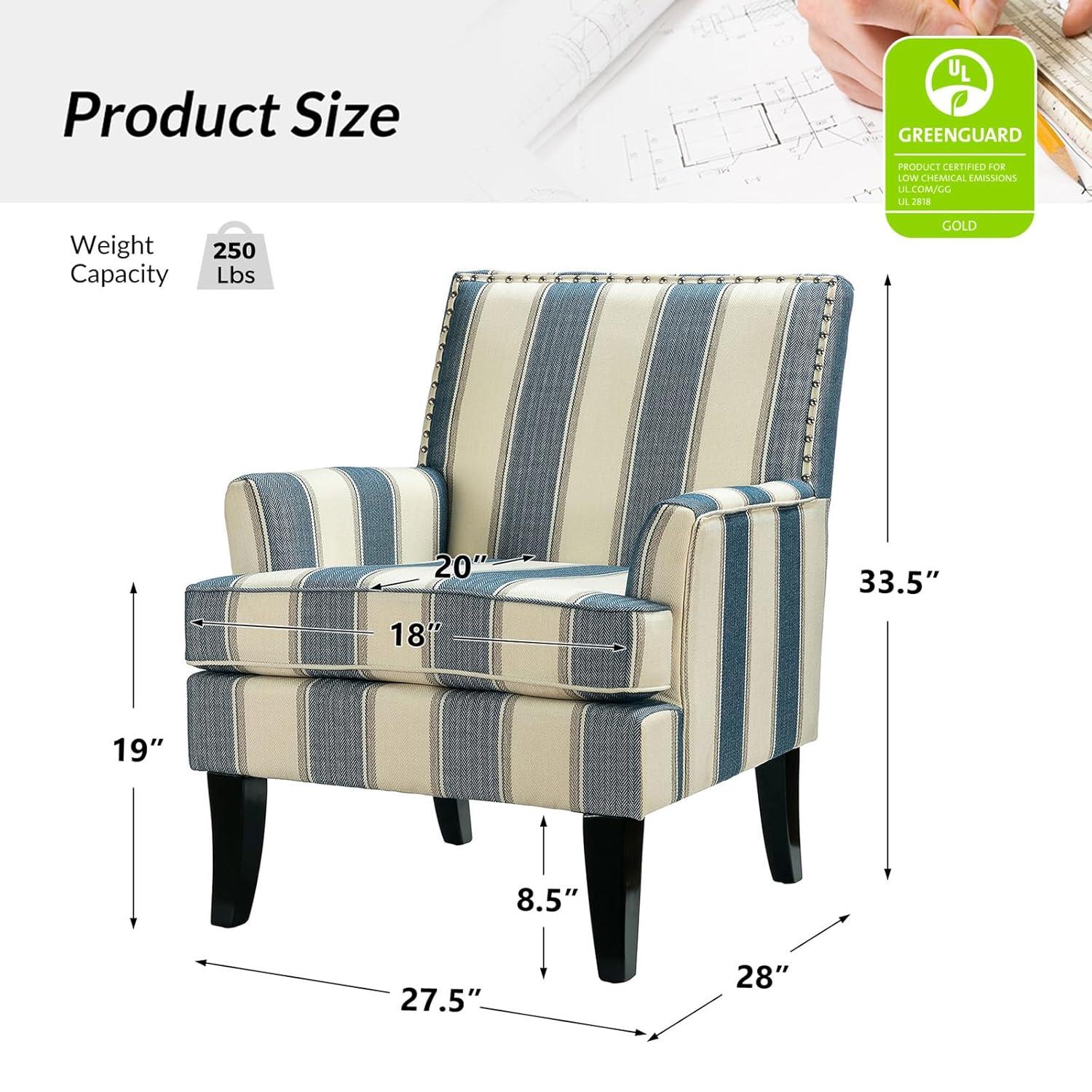 Upholstery Accent Chair Armchair Sofa Couch Lounge Seat Wood Black Legs Nailhead Trim Home Living Room Bedroom Stripe Blue