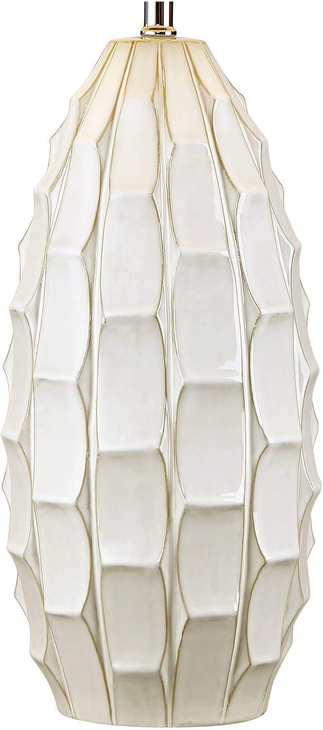 Possini Euro Design Cosgrove Modern Mid Century Table Lamp 32 3/4" Tall White Glazed Ceramic Beige Fabric Drum Shade for Bedroom Living Room Bedside