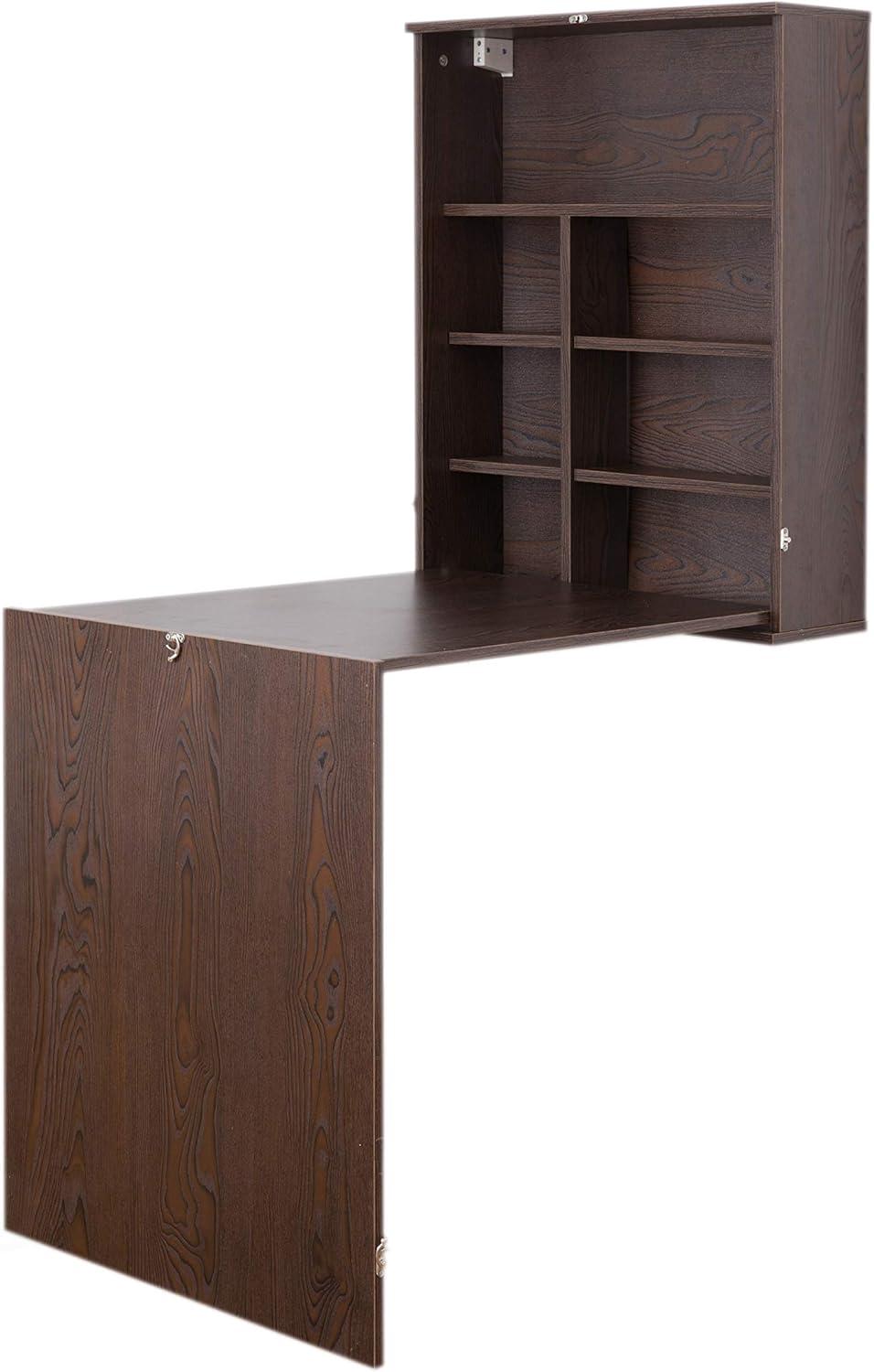 Basicwise Wall Mount Laptop Fold-out Desk with Shelves, Brown