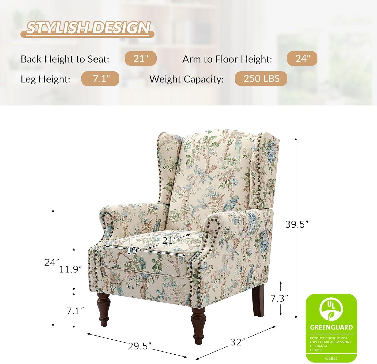 Beige Floral Pattern Wingback Accent Chairs with Wooden Legs