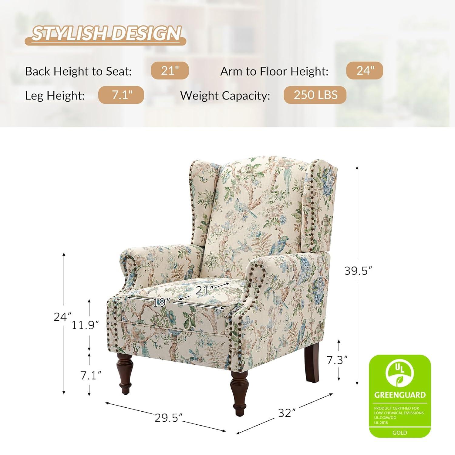 Beige Floral Pattern Wingback Accent Chairs with Wooden Legs