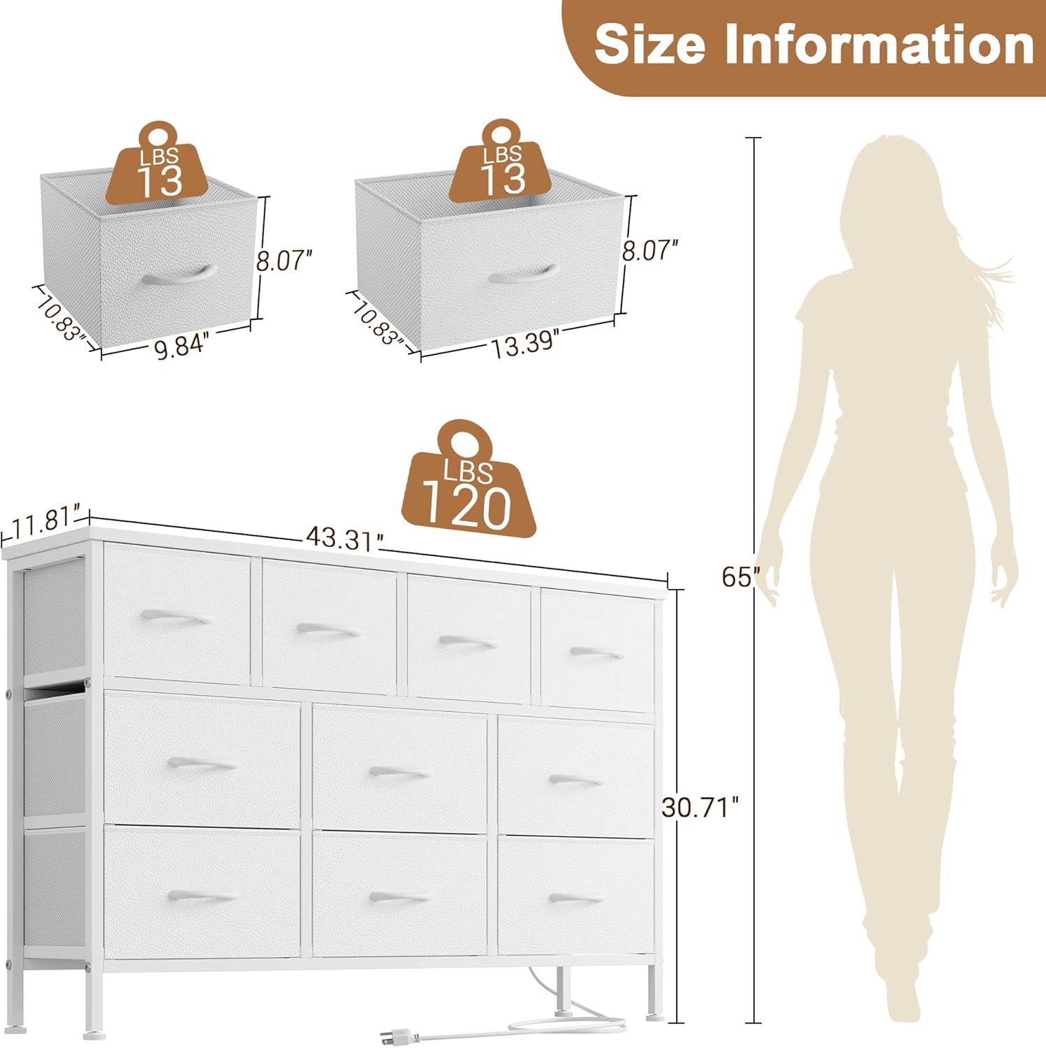 Lulive 10 Drawer White Dresser for Bedroom, Dresser TV Stand with Power Outlet, Entertainment Center Chest of Drawers for 55'' Long TV, Wide Fabric Dresser for Storage and Organization (White)