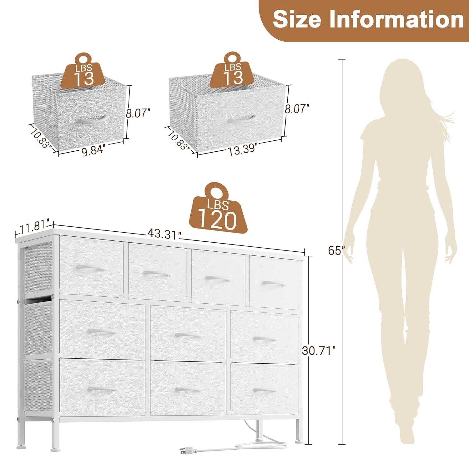 Lulive 10 Drawer White Dresser for Bedroom, Dresser TV Stand with Power Outlet, Entertainment Center Chest of Drawers for 55'' Long TV, Wide Fabric Dresser for Storage and Organization (White)