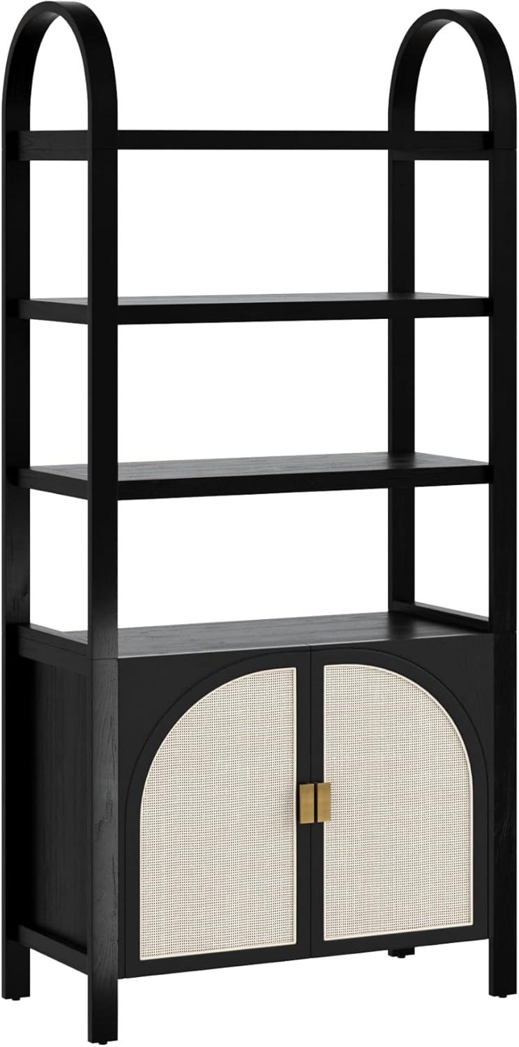 Boho 3-Shelf Bookshelf Cabinet With Rattan Doors