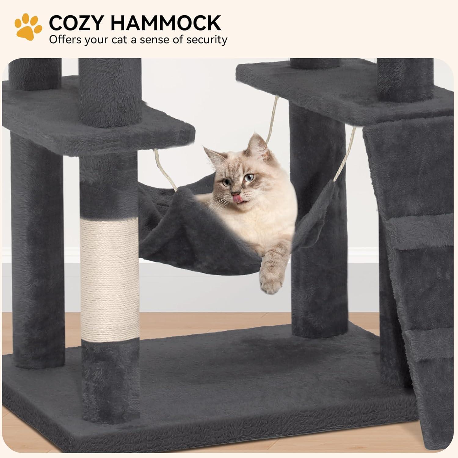 YITAHOME 75in Cat Tree Tower for Indoor Cats, Multi-Level Cat Furniture with Scratching Posts, Cat Caves, Padded Perch, Cozy Hammock, Ladder, and Plush Balls for Kittens, Pet Play House Dark Gray