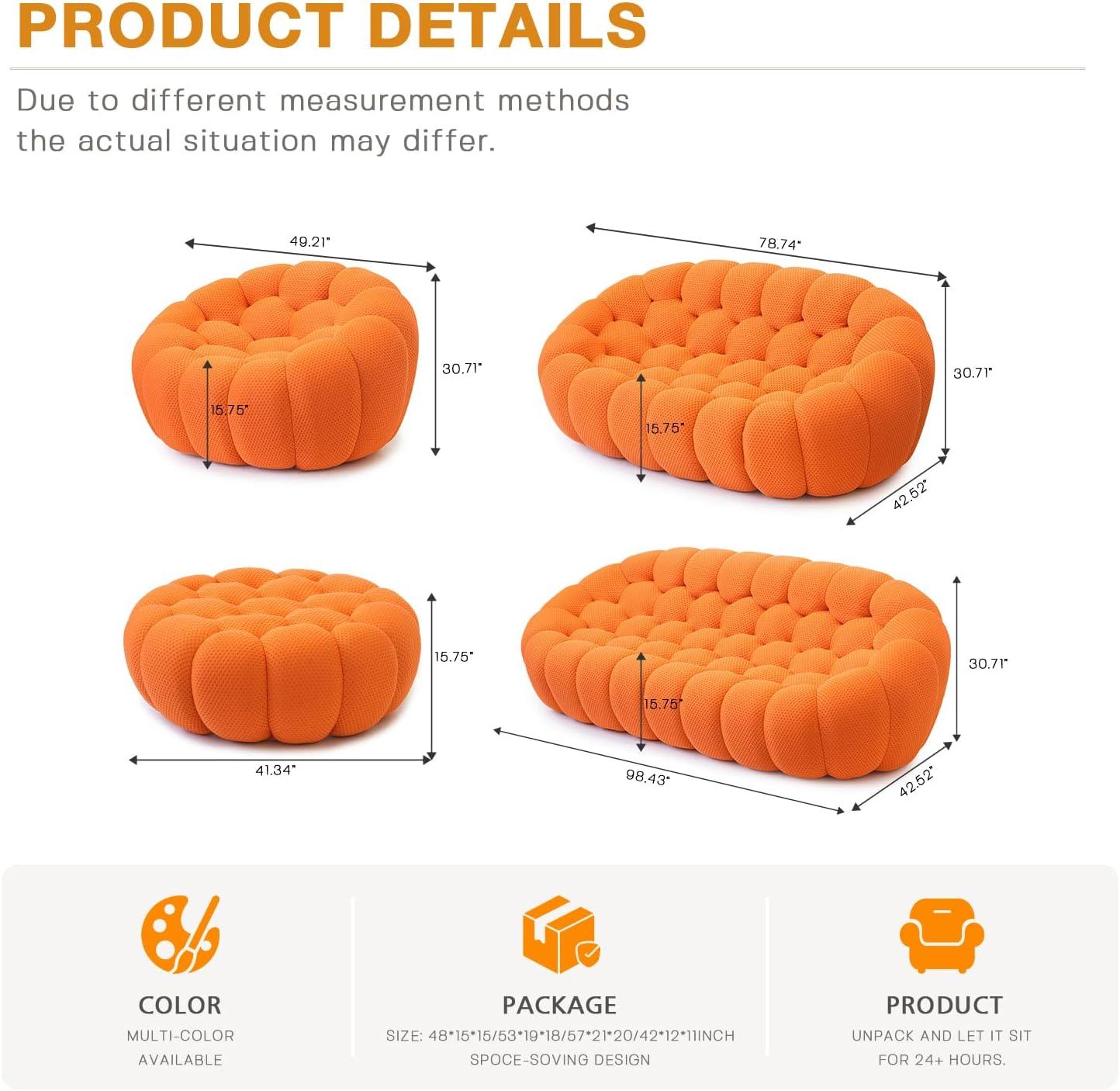 Bubble Couch, 98.43'' Modern 3-Seater Lazy Floor Couch, Memory Foam Bubble Round Sofa 3D Honeycomb Shape Curved Sofas for Living Room, Office, Apartment (Orange)