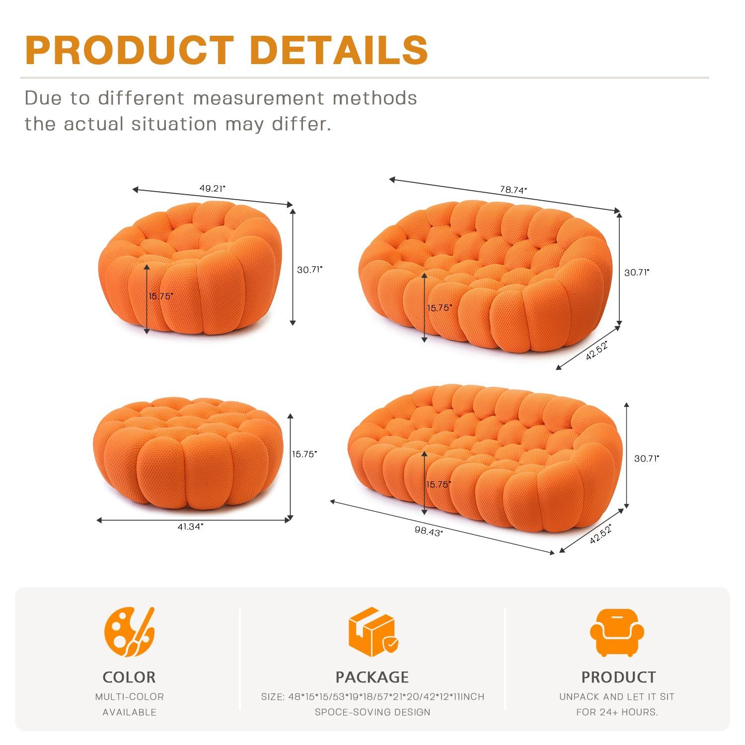 Bubble Couch, 98.43'' Modern 3-Seater Lazy Floor Couch, Memory Foam Bubble Round Sofa 3D Honeycomb Shape Curved Sofas for Living Room, Office, Apartment (Orange)