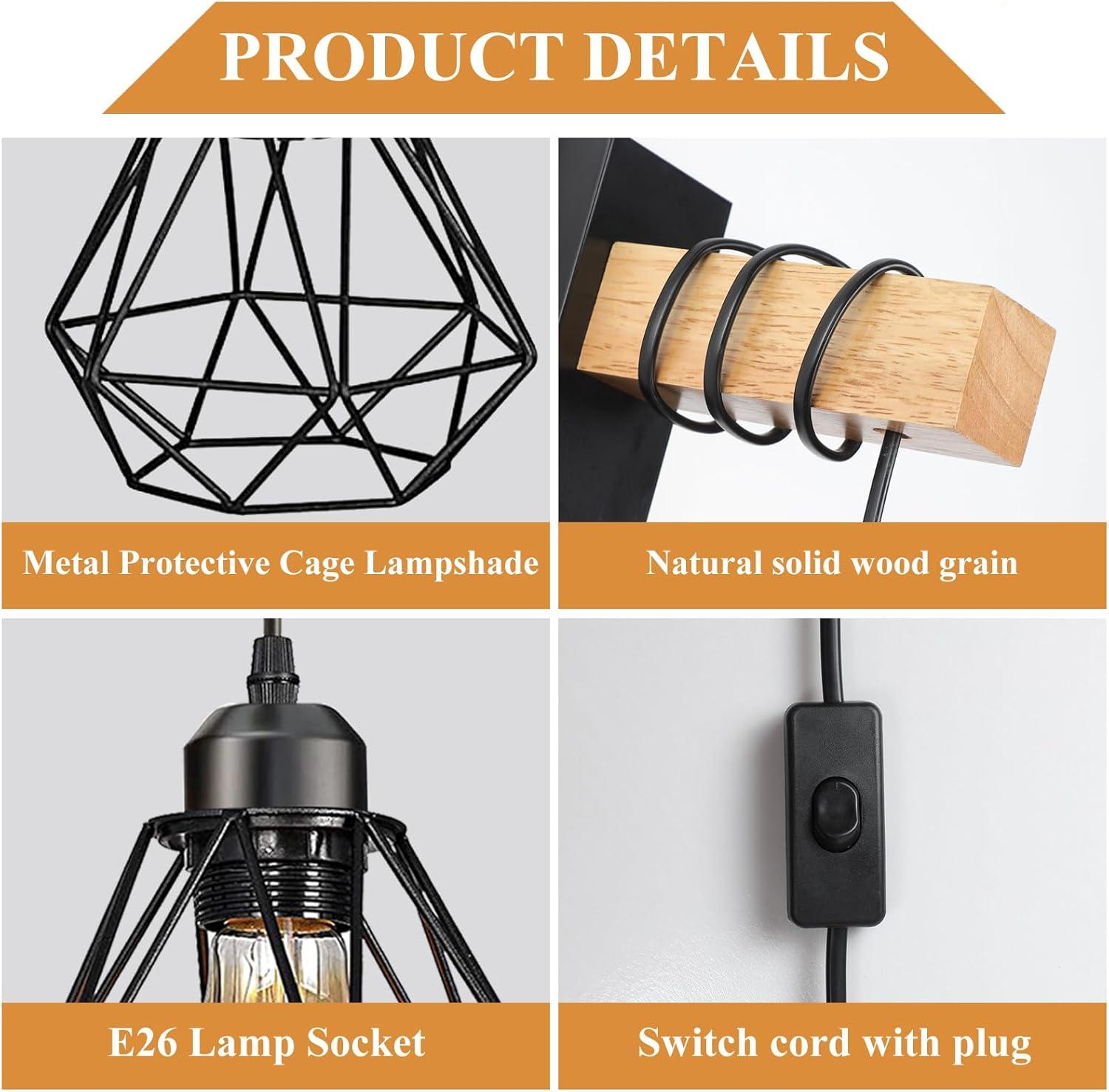 Plug in Wall Sconces Set of 2 with 6 FT On/Off Switch Cord, Wall Light Fixtures Black Industrial Farmhouse Indoor Wall Latern For Bedroom Living Room