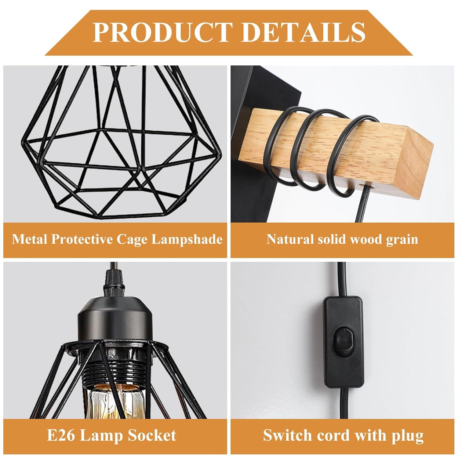 Plug in Wall Sconces Set of 2 with 6 FT On/Off Switch Cord, Wall Light Fixtures Black Industrial Farmhouse Indoor Wall Latern For Bedroom Living Room